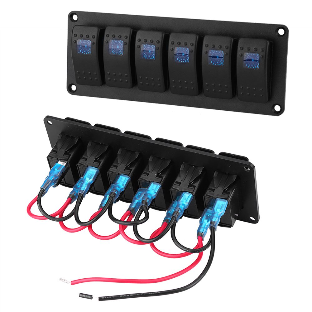 6 Gang Rocker Switch Panel with Decal Sticker Labels 12-24V - Waterproof Blue LED Toggle Control Panel for Car, Marine Boat, Trailer, RV, Truck - Perfect for Off-Roading, Camping & Vehicle Customization