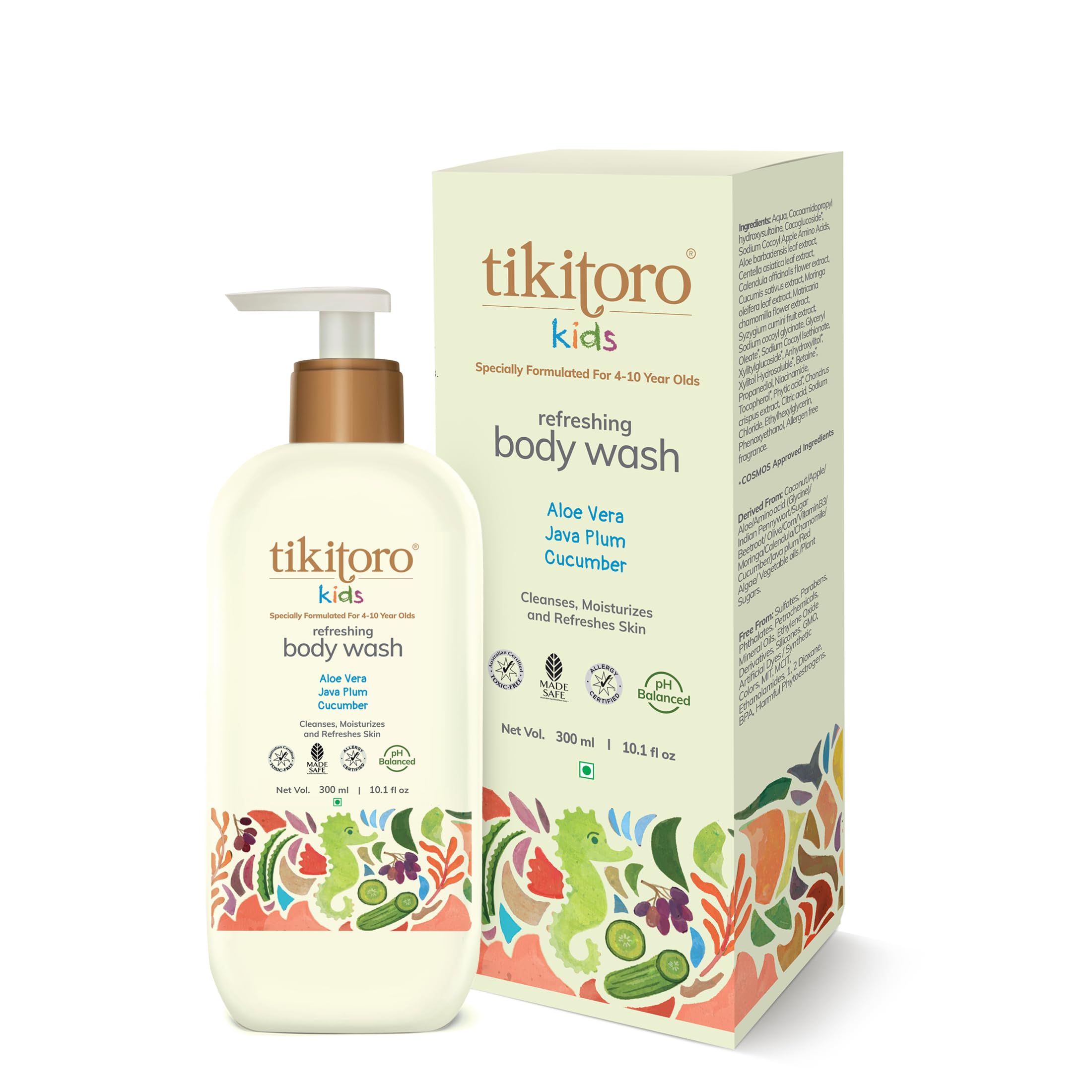 Tikitoro Kids Refreshing Body Wash - 100% Vegan with Cucumber, Java Plum, Vitamin C & Aloe Vera - Deep Cleansing, Hydrating & Refreshing for Sensitive Skin - Paraben & Sulfate Free - 300ml for Boys & Girls Age 4+ - Perfect for Bath Time & Daily Skincare Routine