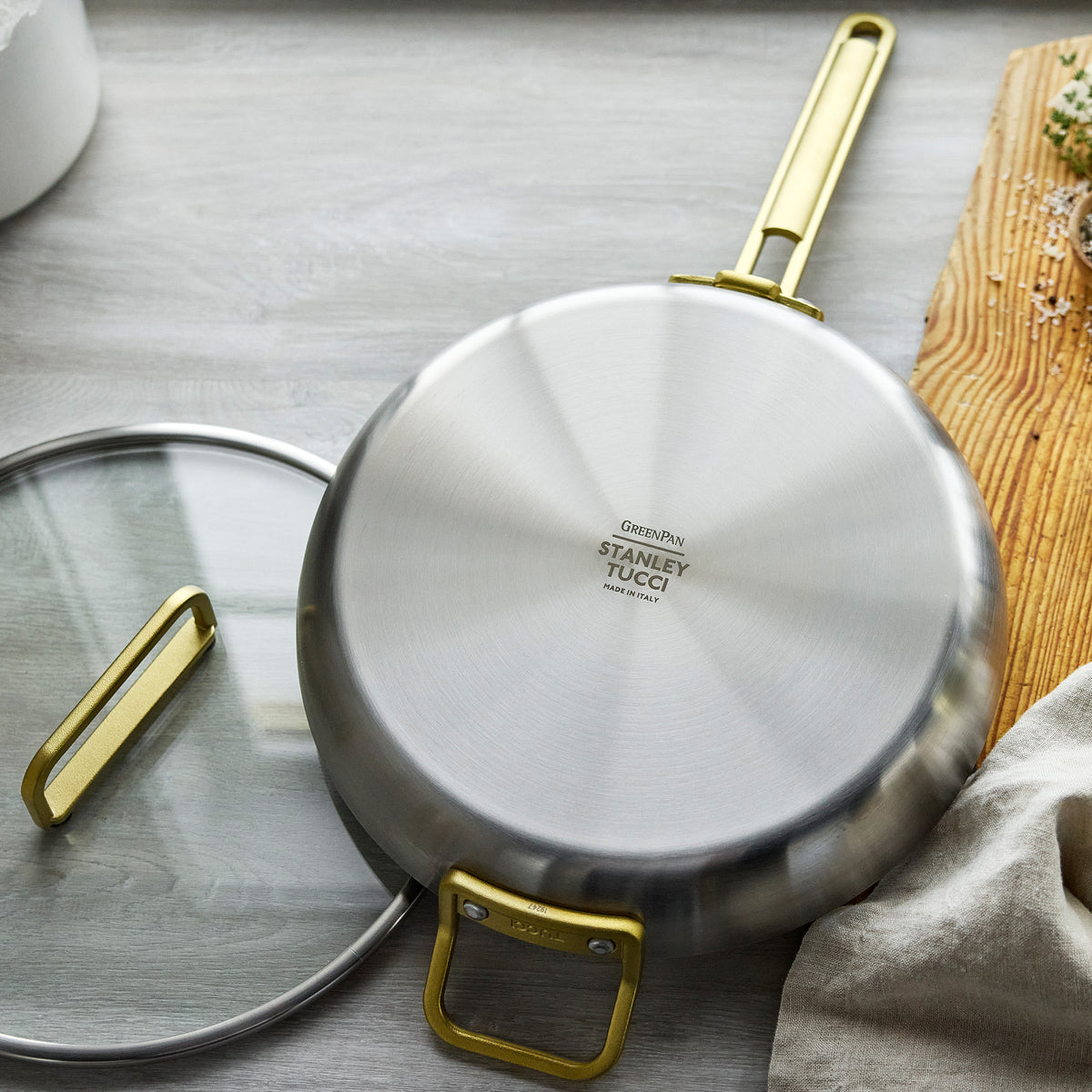 Stanley Tucci™ 4-Piece Stainless Steel Ceramic Nonstick Fry Pan Set with Champagne Handles & Free Tucci Cookbook – Perfect for Sautéing, Frying & Everyday Cooking