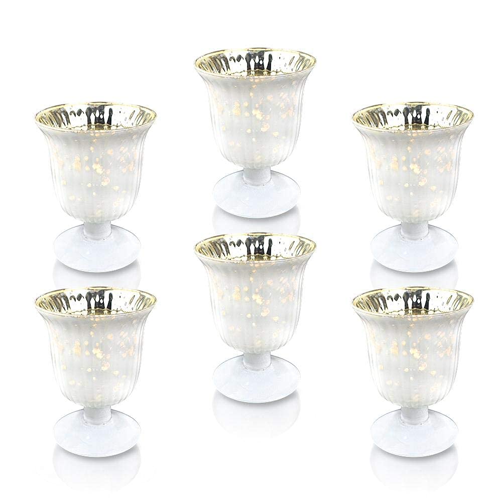Emma Mercury Glass Urn Candle Holder Set of 6 - Pearl White Tea Light Holders for Home Decor, Wedding Centerpieces & Party Decorations - Elegant Mercury Glass Votive Candleholders for Tablescapes, Mantel Displays & Romantic Ambiance