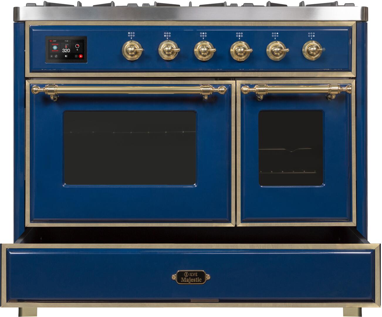 ILVE Majestic II 40-Inch Dual Fuel Range - Blue with Brass Trim (UMD10FDNS3MBG) | Professional Gas & Electric Stove for Modern Kitchens | Perfect for Home Chefs & Entertaining