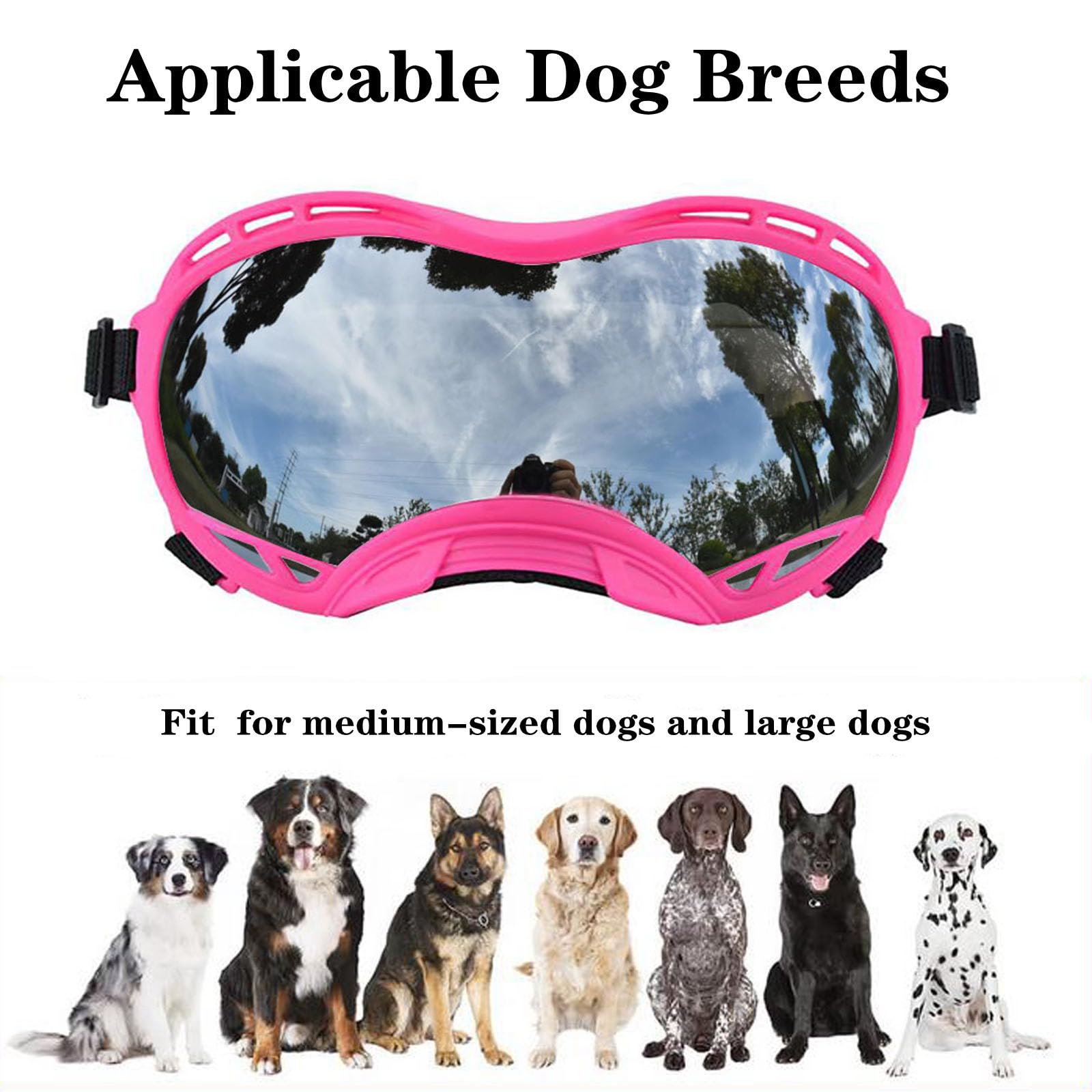 UV Protection Dog Goggles for Large Breeds - Windproof, Dustproof & Snowproof Sunglasses for Medium to Large Dogs - Pink Frame with Silver Lens - Perfect for Hiking, Running & Outdoor Adventures