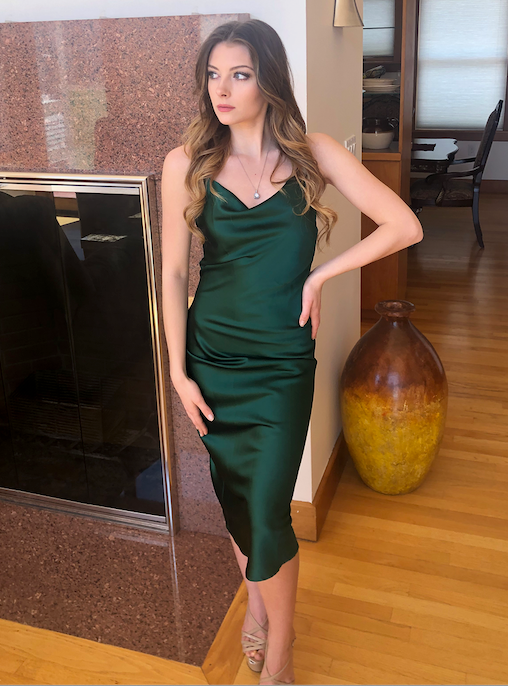 Aspen Midi Dress - Emerald Green Satin Slip Dress for Women | Perfect for Cocktail Parties, Date Nights & Special Occasions