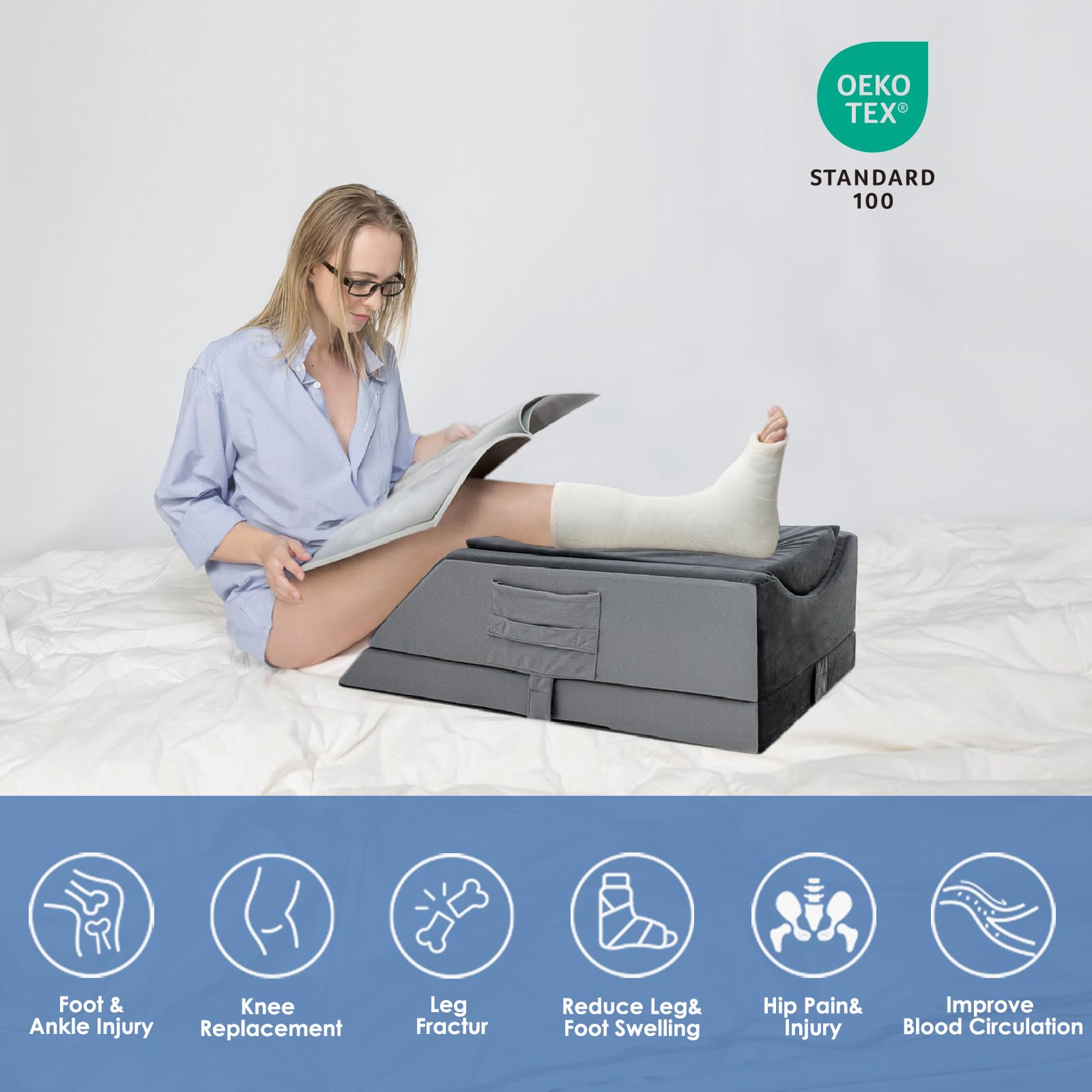 4-Height Adjustable Leg Elevation Pillow for Post-Surgery Recovery - Memory Foam Knee Support Pillow with Removable Washable Cover - Ideal for Knee Surgery, Circulation Improvement & Pain Relief at Home