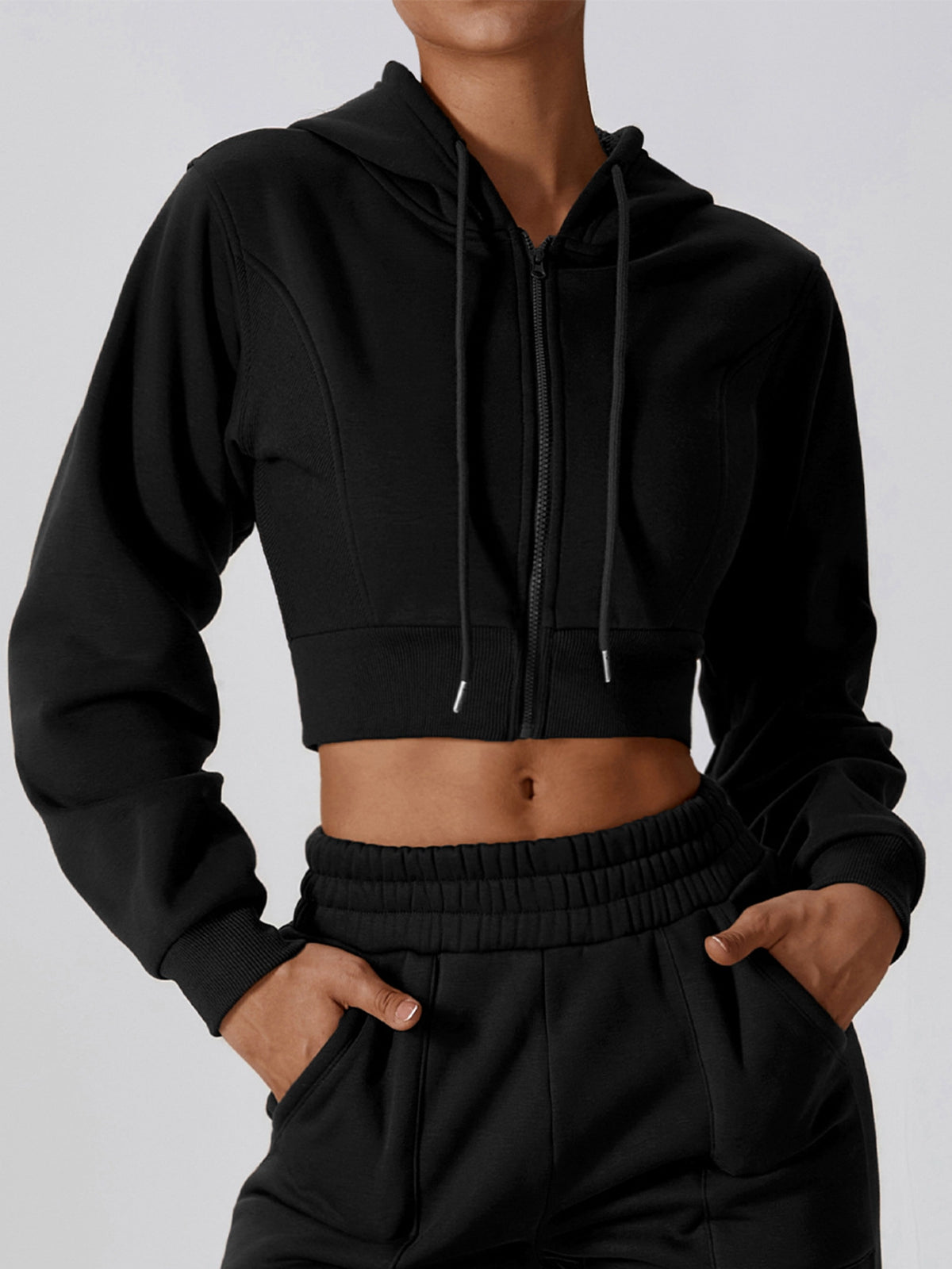 ZASUWA Women's Cropped Hoodie with Zipper & Drawstring - Stylish Casual Pullover for Workout, Gym, and Streetwear Fashion