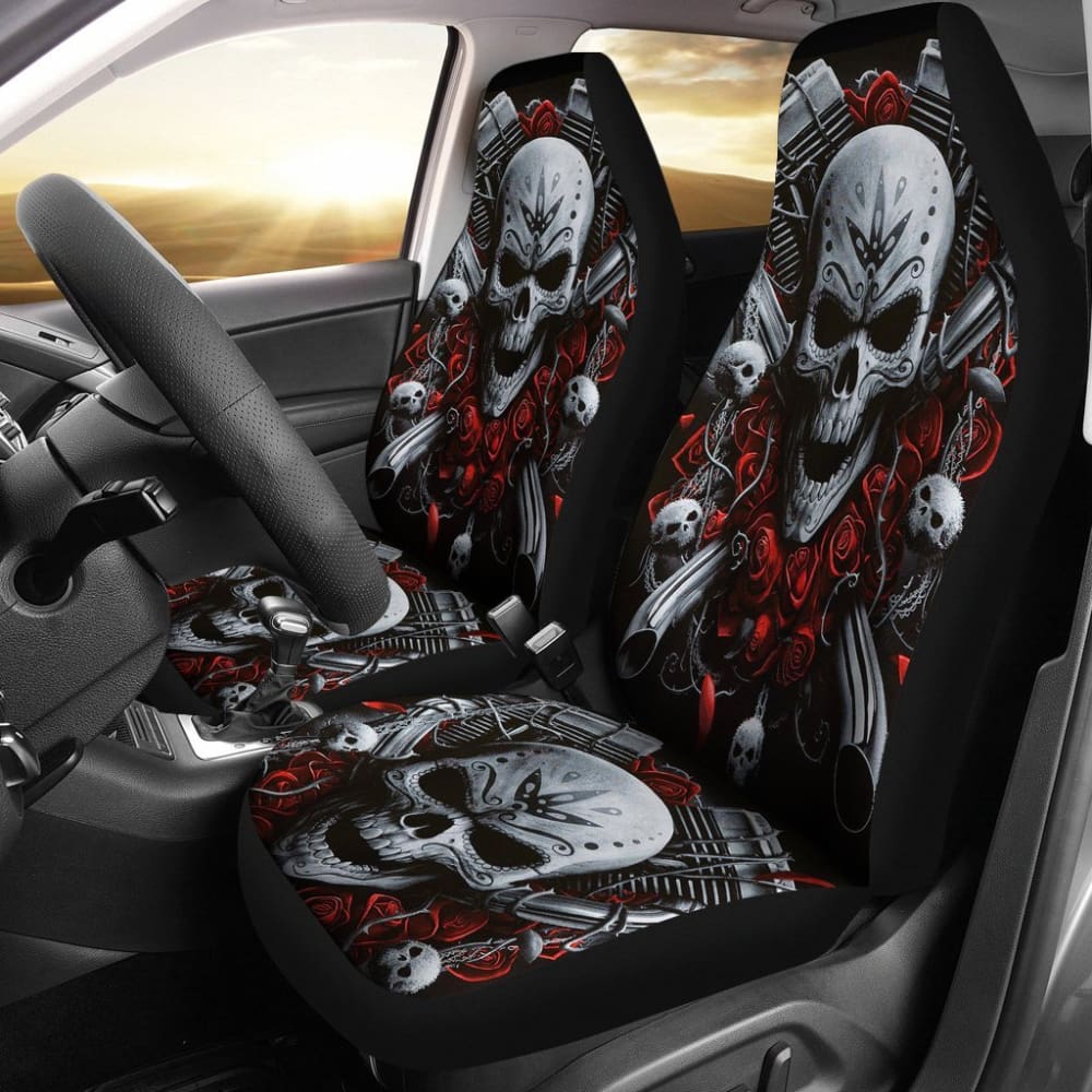 2 Pcs Gothic Biker Skull Car Seat Covers - Black Motorcycle Style Seat Protectors for Cars, Trucks & SUVs - Perfect for Biker Enthusiasts & Gothic Decor Lovers