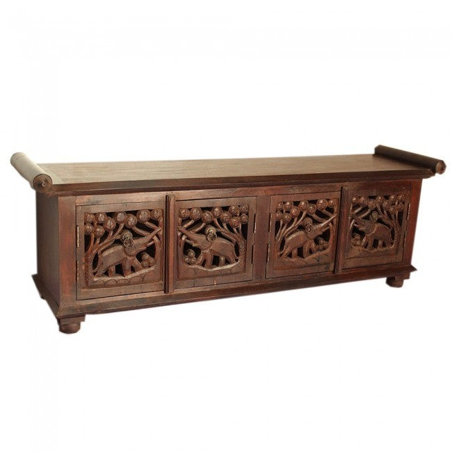 Hand Carved Elephant Jali Balinese Indian Plasma Brown Wooden Room Divider 150cm - Perfect for Home Decor, Living Room Partition & Boho Style Interior Design