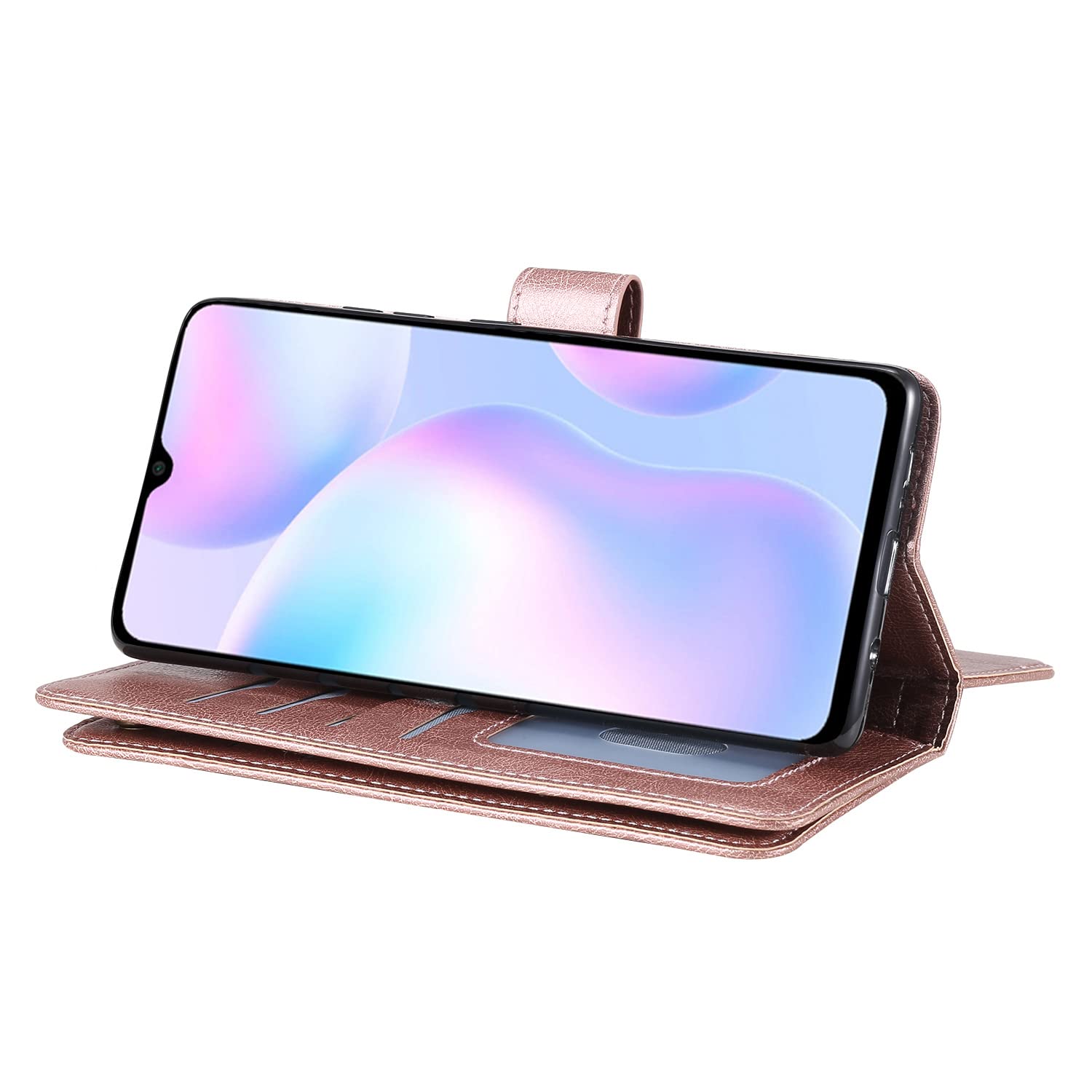 Xiaomi Redmi 9A/9i Wallet Case with Tempered Glass Screen Protector - Flip Cover Credit Card Holder & Folio Purse Phone Case (Rose Gold) | Perfect for Daily Use, Travel & Business Meetings