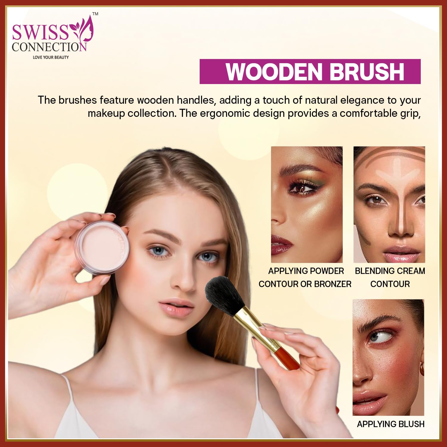 Swiss Connection Portable Double-Side Folding Mirror with Makeup Sponge Beauty Blender, Powder Brush & Non-Slip Wooden Handle Foundation Brush - 3 Pack for Travel, Home Vanity & Professional Makeup Application