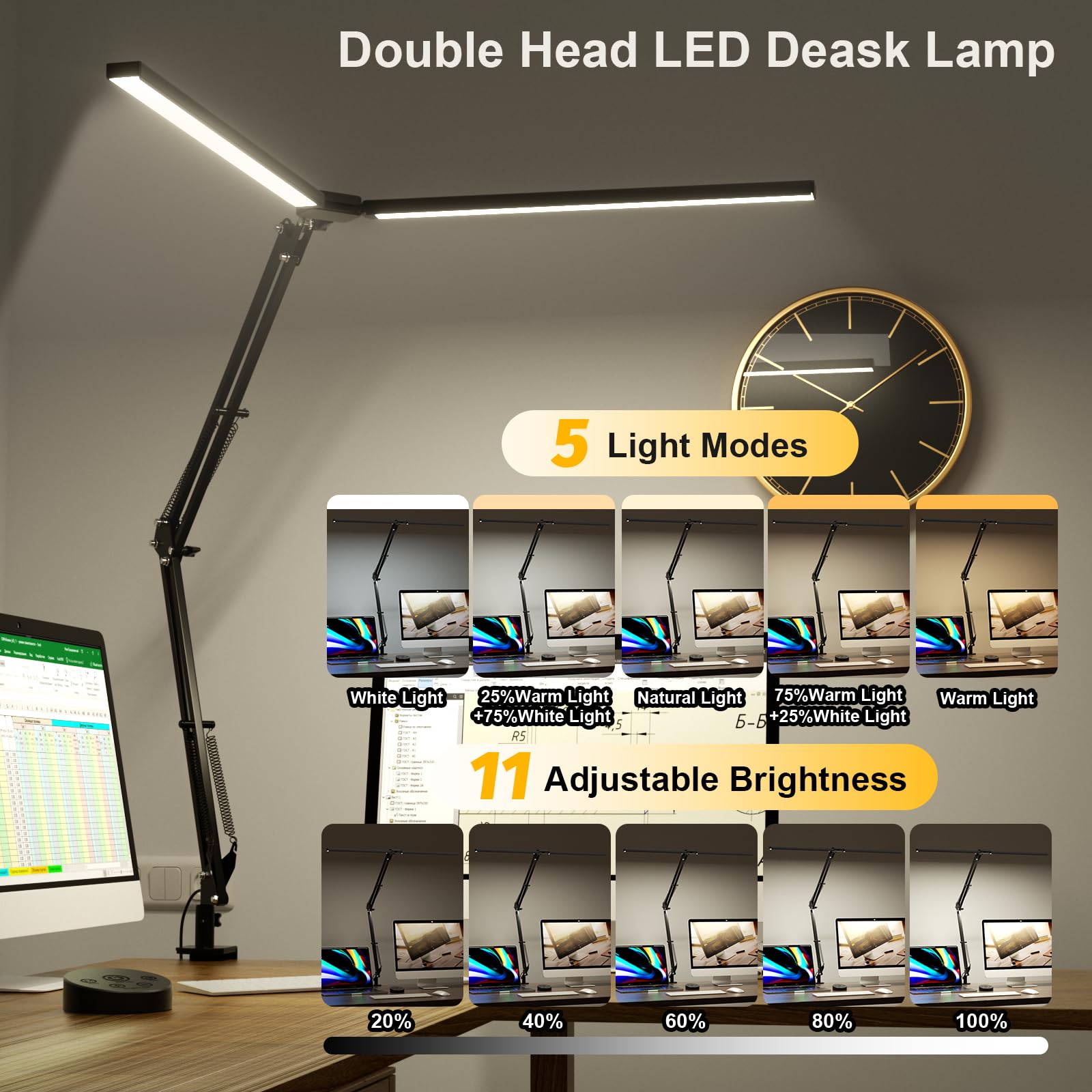 SKYLEO 2400LM Ultra Bright LED Desk Lamp with Remote Control - Adjustable Eye-Caring Clamp Light for Home Office, Study & Reading - 24W Black Energy Efficient Task Lighting