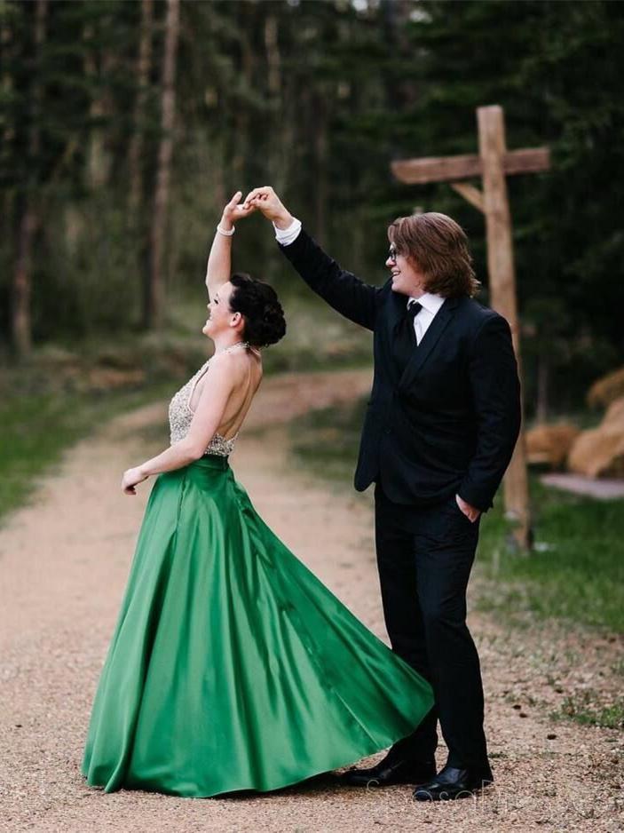 Elegant Beaded Green Halter A-Line Long Evening Prom Dress for Sweet 16 | Formal Gown for Homecoming, Quinceañera & Special Occasions