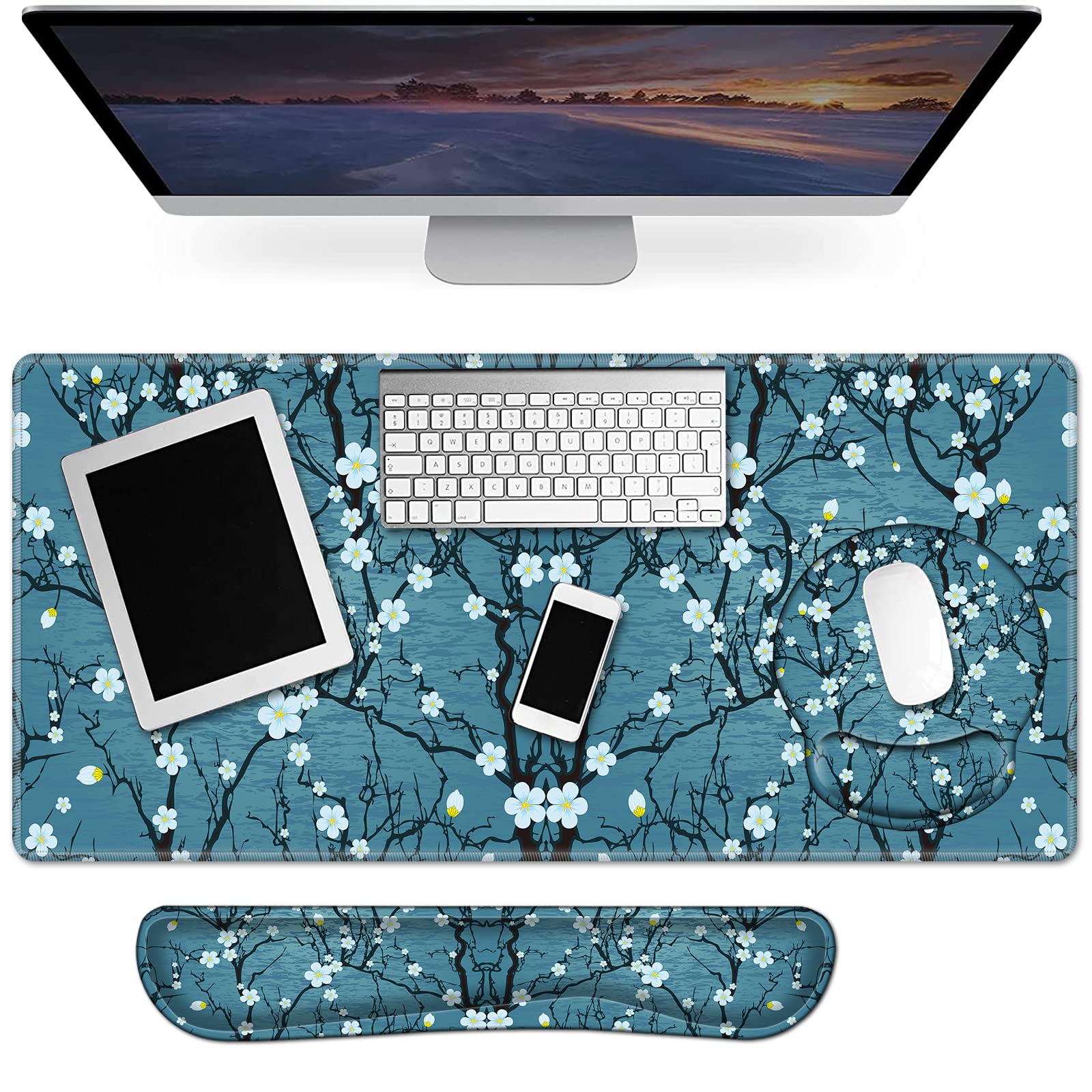 3 in 1 Full Desk Mouse Pad and Keyboard Wrist Rest Set - Extra Large Gaming Mouse Mat with Memory Foam Wrist Support, Ergonomic Keyboard Pad for Office & Home Use (Cherry Blossom Sakura Design) - Perfect for Gaming, Work, and Typing Comfort