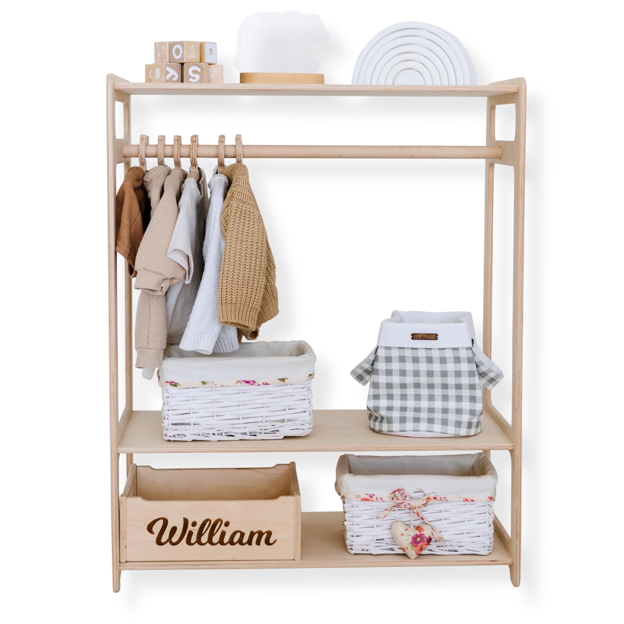 Montessori Wooden Toy Shelf & Clothing Rack - Natural Wood Nursery Storage Organizer for Kids Room, Playroom & Bedroom - Perfect for Toy Storage, Clothes Display & Montessori Learning Activities