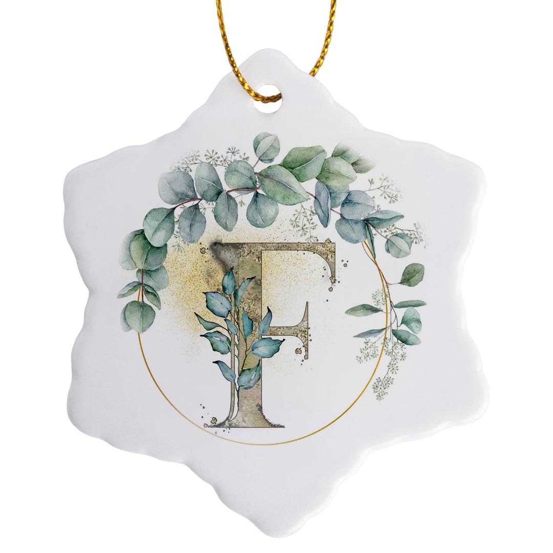 3 Inch Snowflake Porcelain Ornament with Monogram Letter F & Watercolor Eucalyptus Leaves Design - Personalized Christmas Tree Decoration, Holiday Home Decor, Gift for Women & Friends