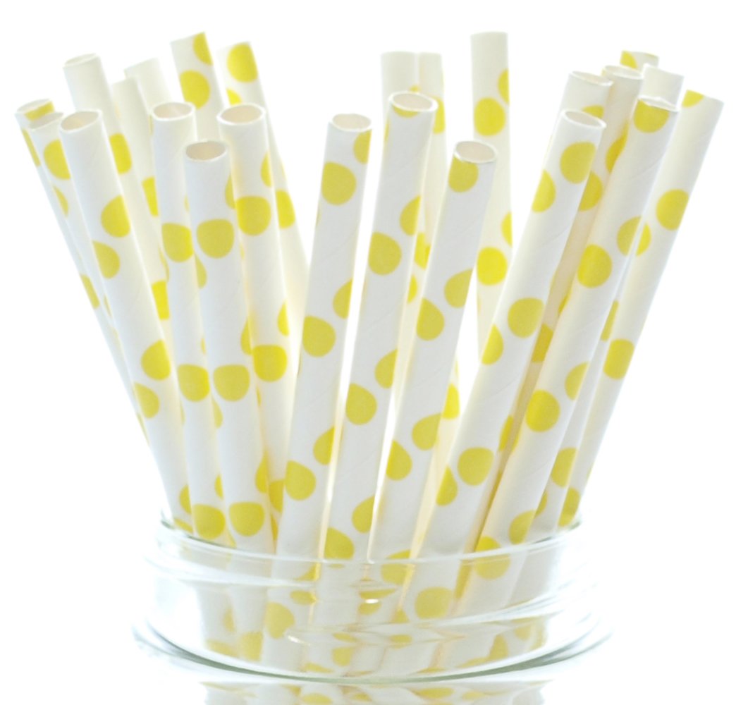 Eco-Friendly Yellow Paper Drinking Straws with Polka Dots - 25 Pack Biodegradable Striped Straws for Weddings, Parties & Bubble Tea - Perfect for Cocktails, Smoothies & Iced Beverages