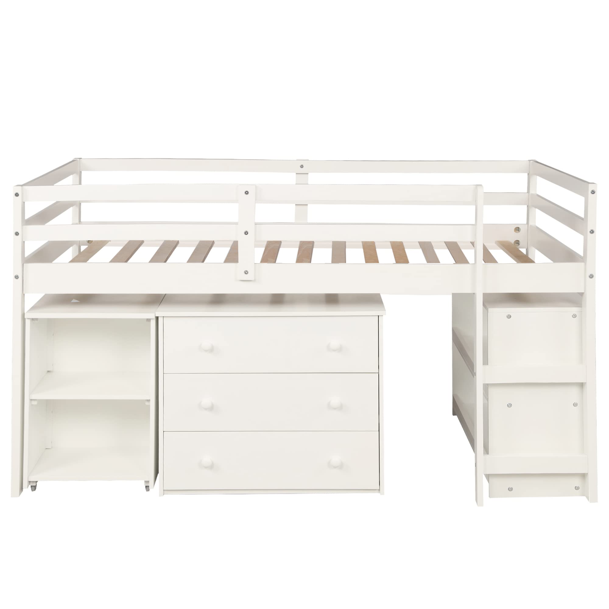 Harper & Bright Designs White Twin Loft Bed with Cabinet & Rolling Desk - Space-Saving Study Bed for Kids & Teens - Perfect for Small Bedrooms, Dorms & Apartments