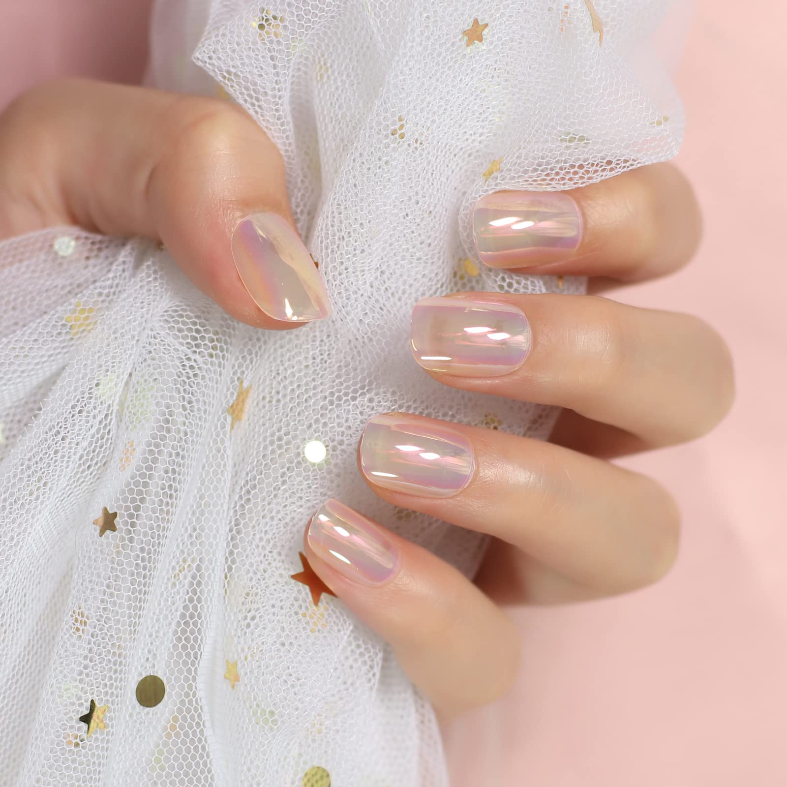 Holographic Press On Nails - 24pcs Short Squoval Fake Nails with Shiny Pearl & Dreamy Cellophane Colors | Perfect for Parties, Weddings, and Everyday Glam