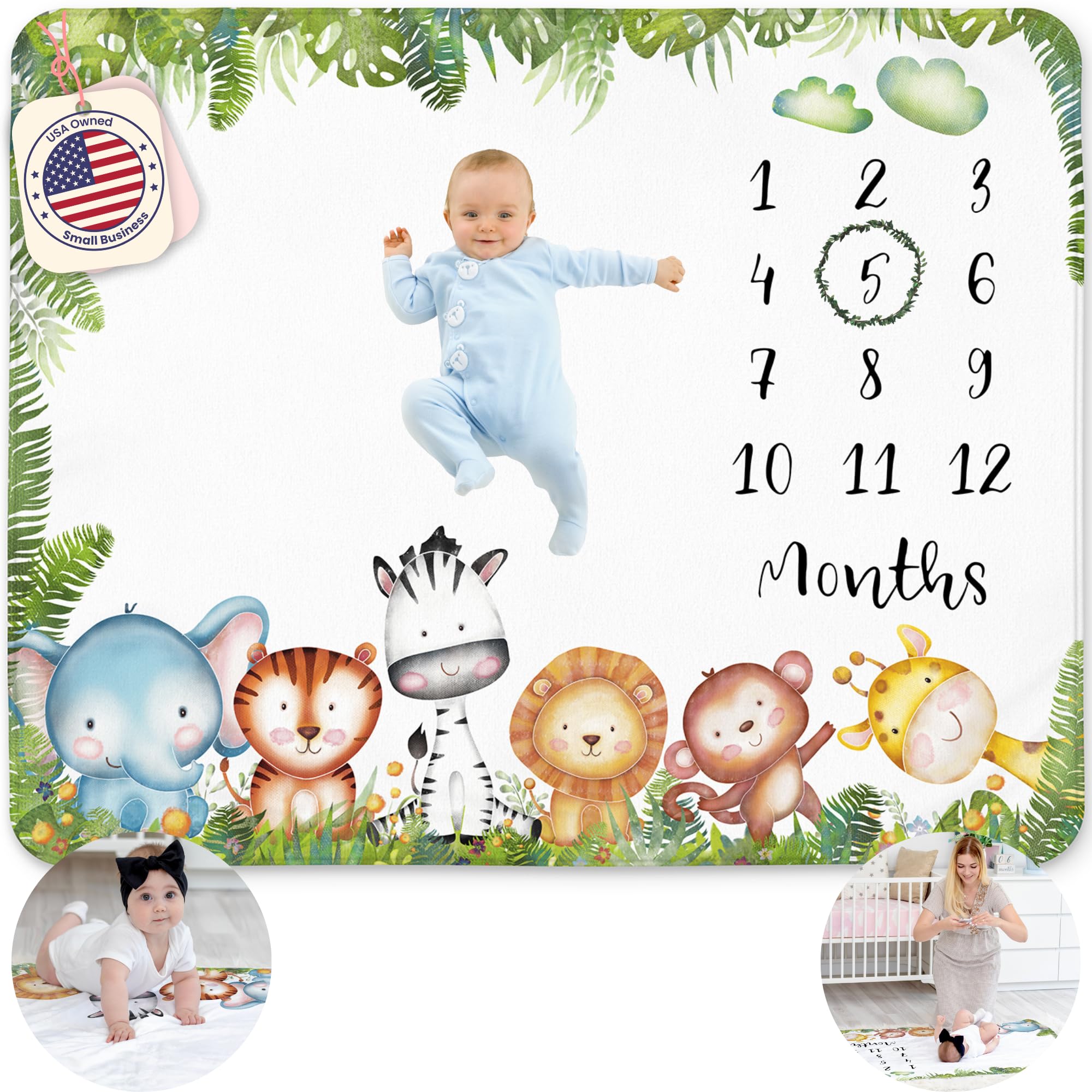 Baby Milestone Blanket for Boys - Safari Animal Theme Monthly Growth Blanket with Wreath (50