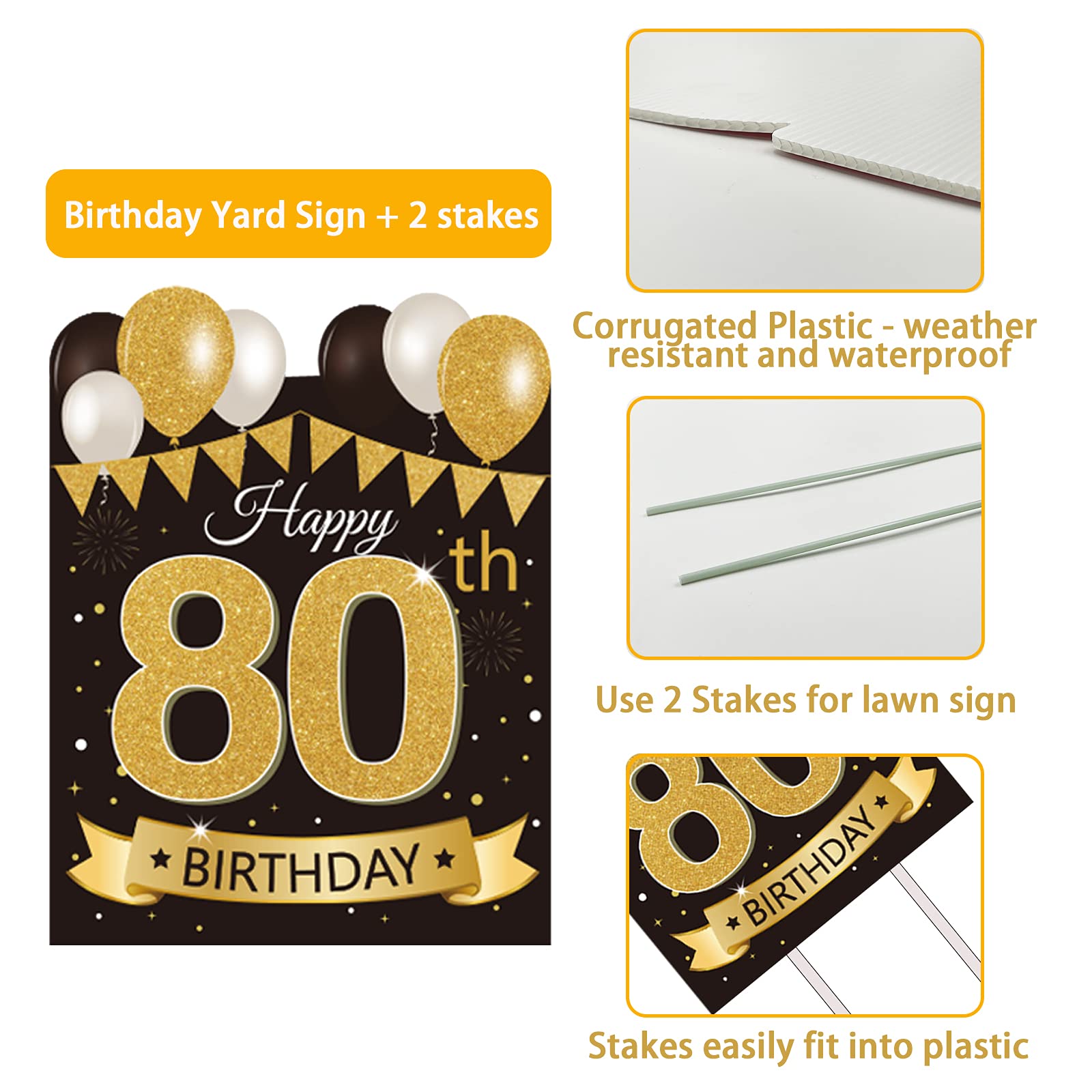 Large Happy 80th Birthday Party Yard Sign - Black & Gold 80th Birthday Lawn Decor with Stakes | Outdoor Celebration Decorations for Anniversary, Retirement & Milestone Events