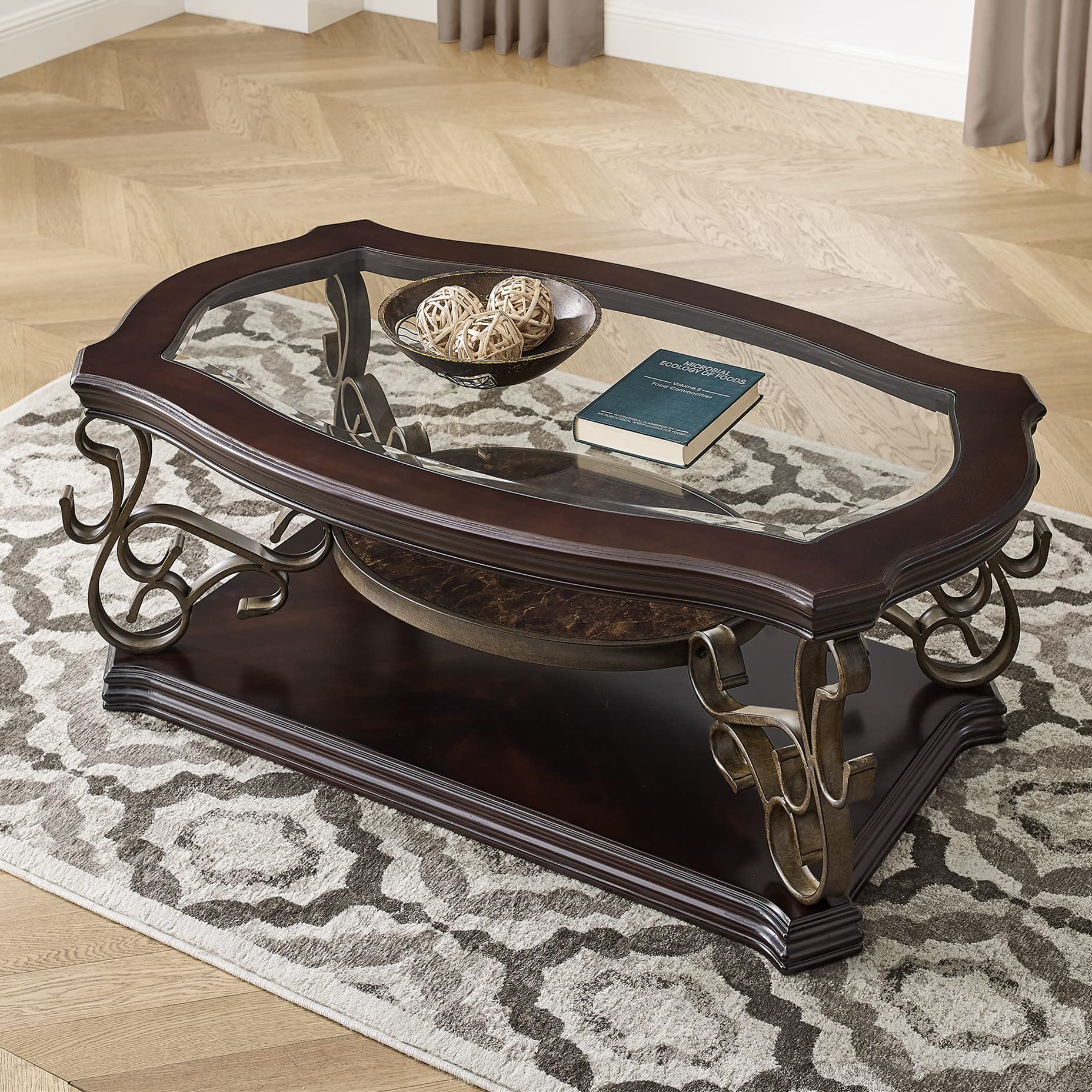 Yoluckea Retro Rectangle Coffee Table with Tempered Glass Top & Faux Marble Shelf - Traditional Wood Cocktail Table with Carved Metal Legs for Living Room, Home Office - Perfect for Entertaining Guests and Displaying Decor