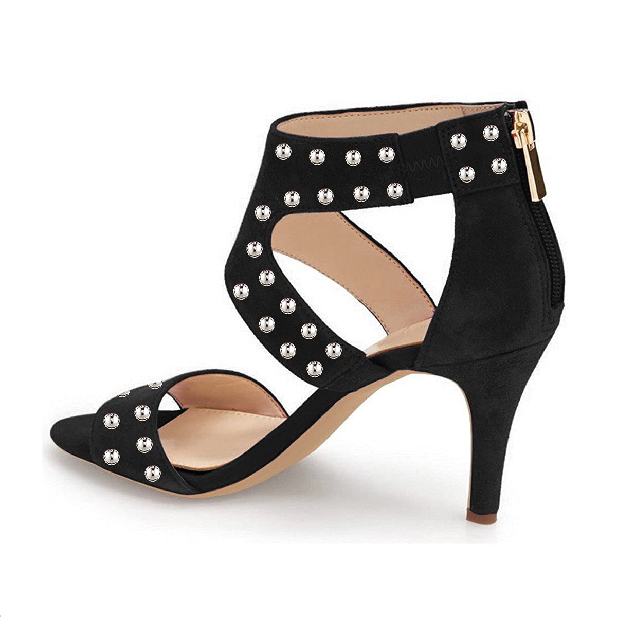 XYD Women's Open Toe Ankle Wrap Sandals with Back Zip, Studs & Cutout Straps - Comfortable Mid Heel Casual Shoes for Summer Outings, Beach Vacations & Date Nights