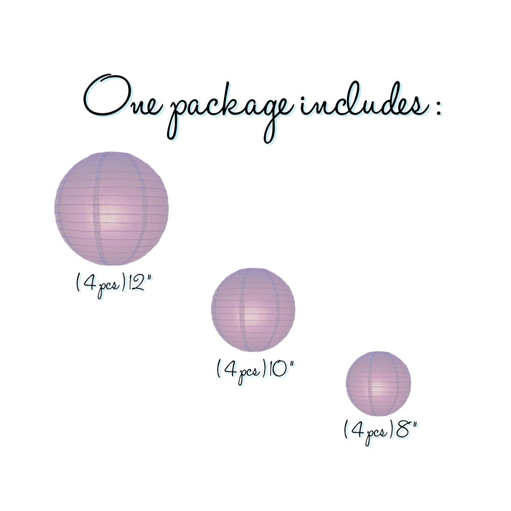 12 Pack Lavender Paper Lanterns for Party Decorations - 12/10/8 Inch Hanging Lantern Set for Wedding, Baby Shower & Home Decor