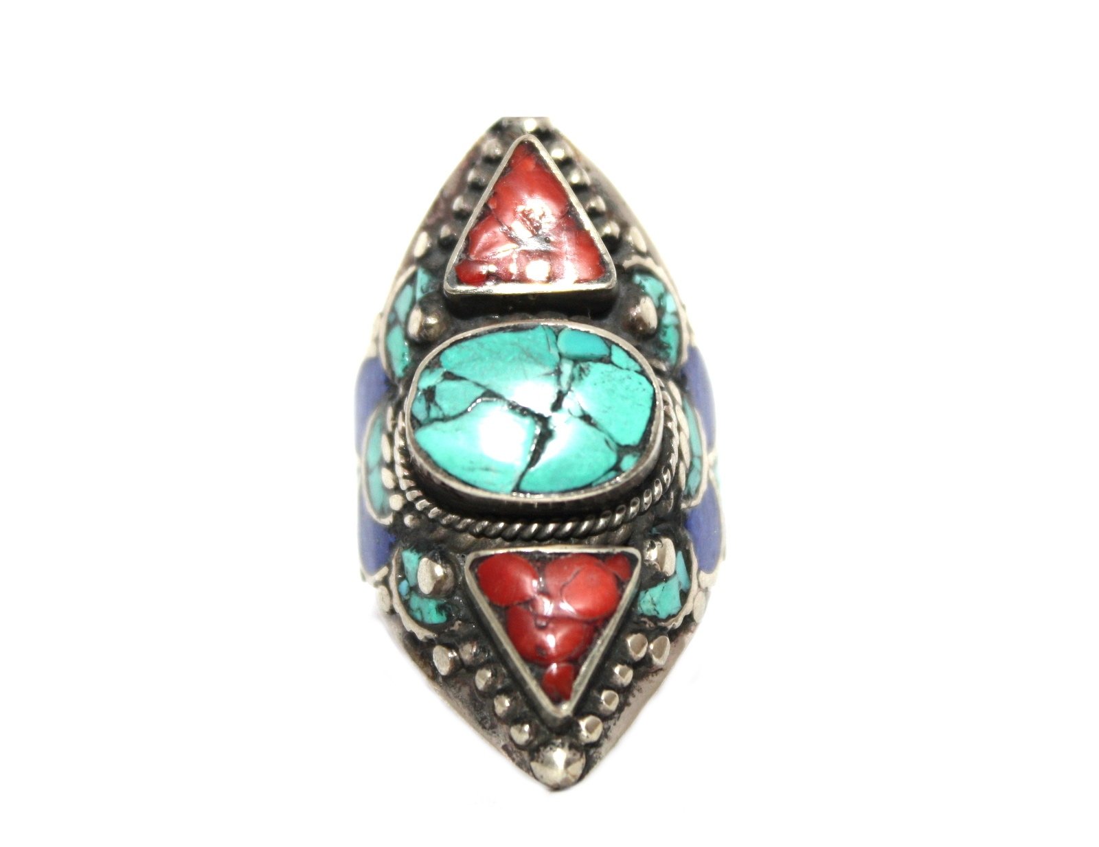 Handmade Coral Turquoise Lapis Ring - Tibetan & Nepal Inspired Gypsy Boho Jewelry for Women | Perfect for Festivals, Travel & Boho Chic Fashion