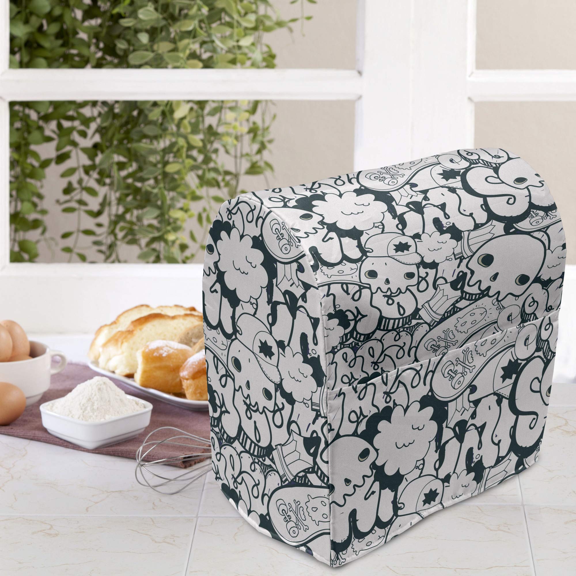 Ambesonne Modern Stand Mixer Cover - Skull & Skateboard Doodle Graffiti Design, Monochrome Kitchen Appliance Organizer with Pocket (6-8 Quarts, Charcoal Grey/White) | Perfect for Kitchen Organization & Countertop Protection