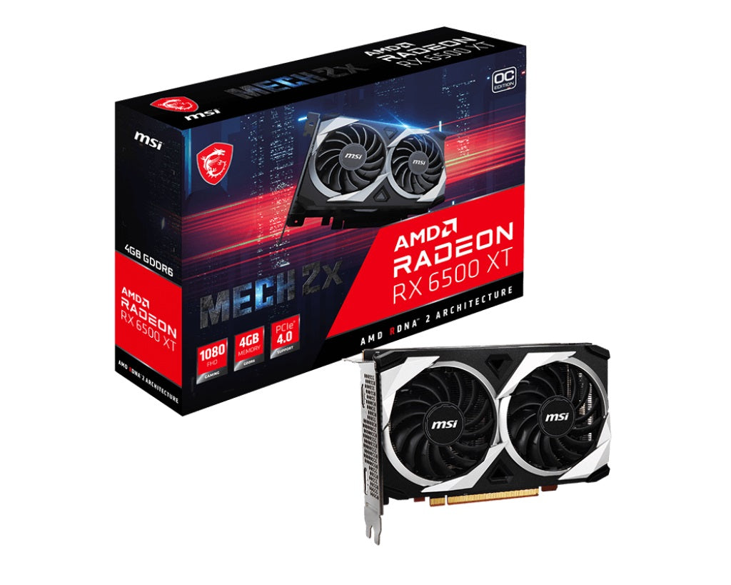 MSI Radeon RX 6500 XT MECH 2X 4GB GDDR6 OC Gaming Graphics Card - High Performance 1080p Gaming, Video Editing & Streaming for PC Builders and Content Creators