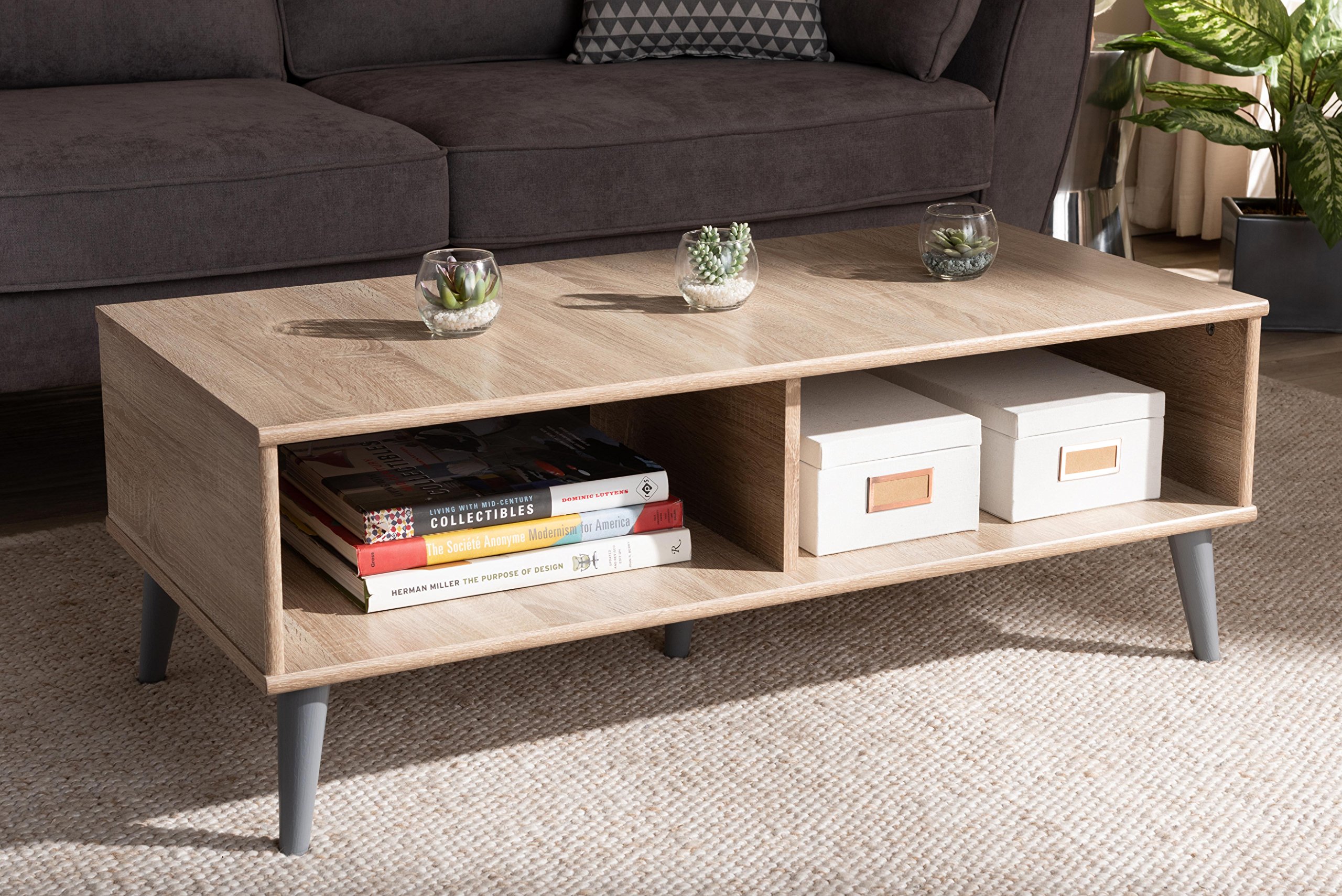 Baxton Studio Piotr Modern Coffee Table - Solid Oak Brown & Dark Gray Finish for Living Room, Lounge & Office Decor