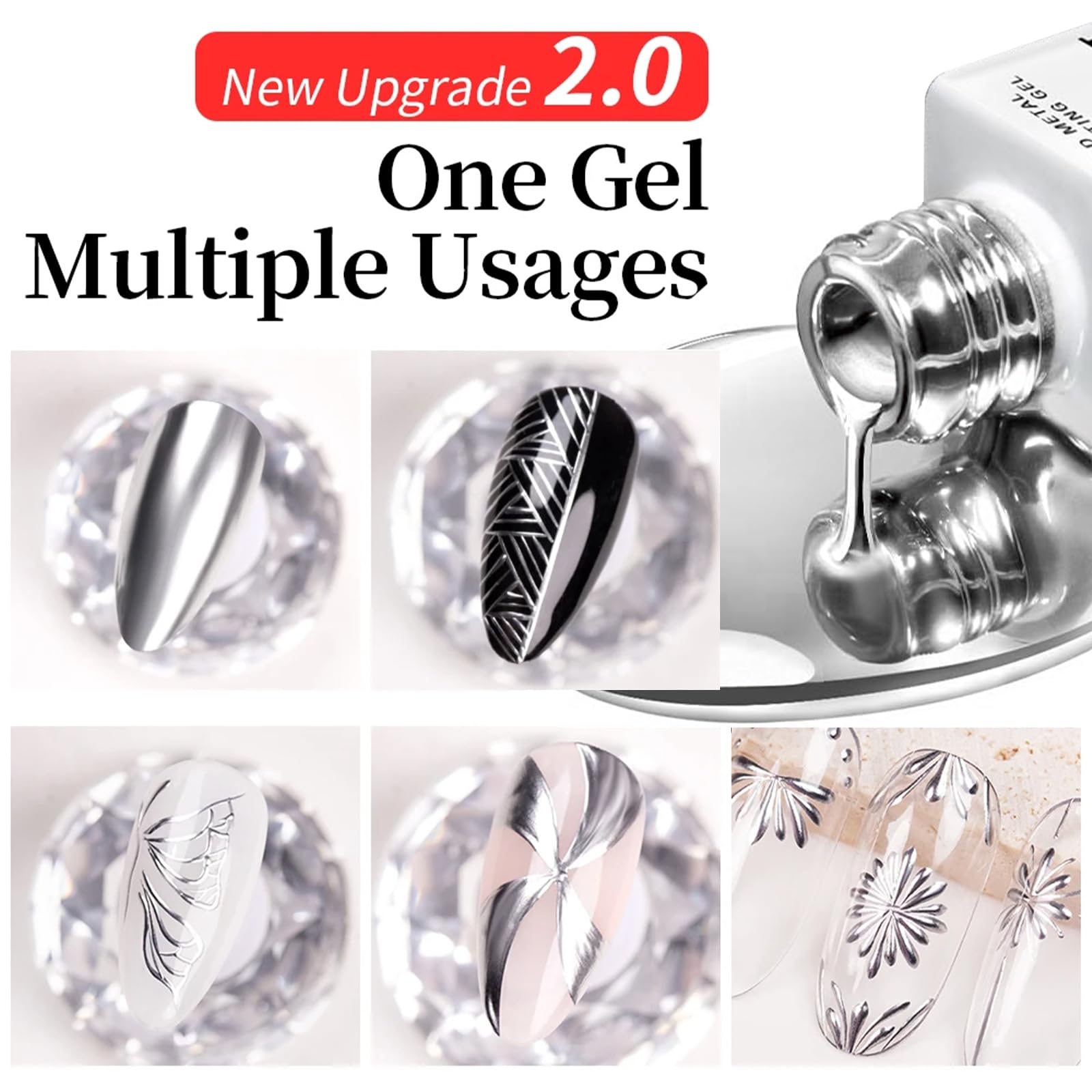 Metallic Chrome Gel Polish - Silver Mirror UV/LED Soak Off Nail Art Liner with Built-in Thin Brush for Salon & Home DIY Manicure | Perfect for Nail Art Designs, French Tips & Creative Nail Painting
