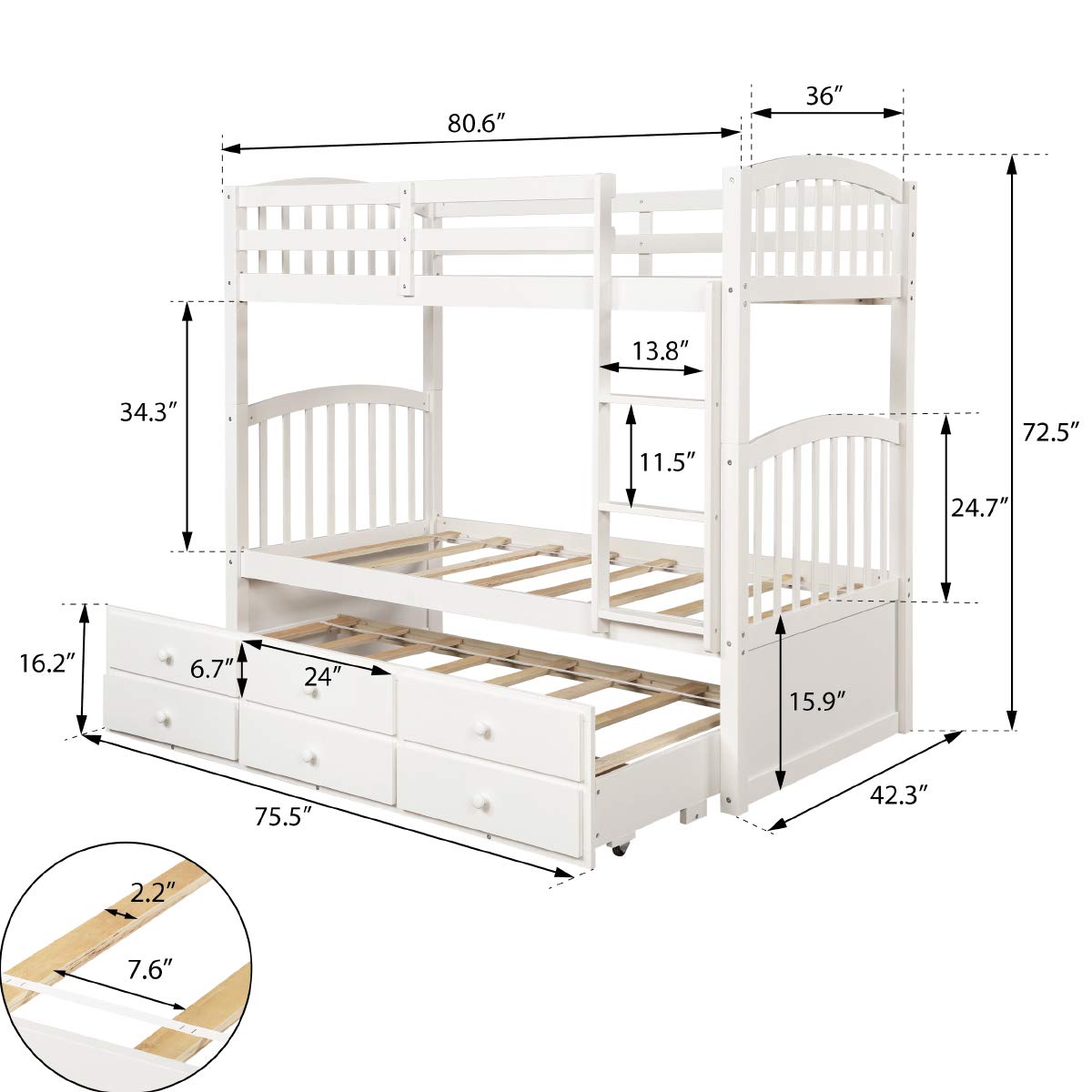 JULYFOX Twin Over Twin Pine Wood Bunk Bed with Ladders, Trundle & Drawers - Full Length Guard Rails, No Box Spring Needed - 3 Bed Frames for Kids, Teens & Small Spaces - White - Perfect for Shared Kids' Rooms, Sleepovers & Space-Saving Bedroom Solutions