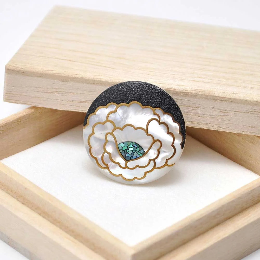 Exquisite Maki-e Urushi Lacquer Brooch with White South Sea Pearl Shell & Peony Design | Traditional Japanese Lacquer Jewelry | Perfect for Formal Occasions, Weddings & Cultural Events