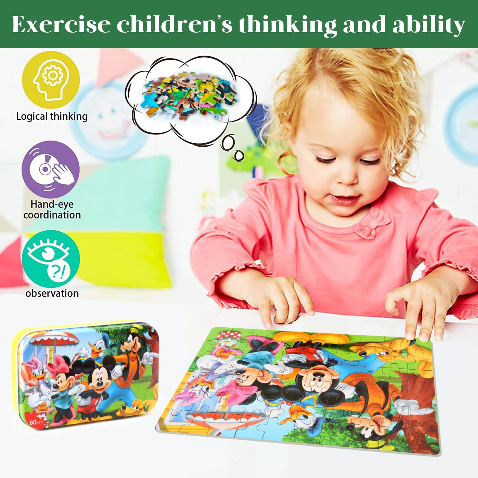 60 Piece Jigsaw Puzzles for Kids Ages 3-8 | Educational Learning Toys for Boys & Girls | Durable Metal Storage Box | Perfect Birthday Gift & Classroom Activity for Preschoolers