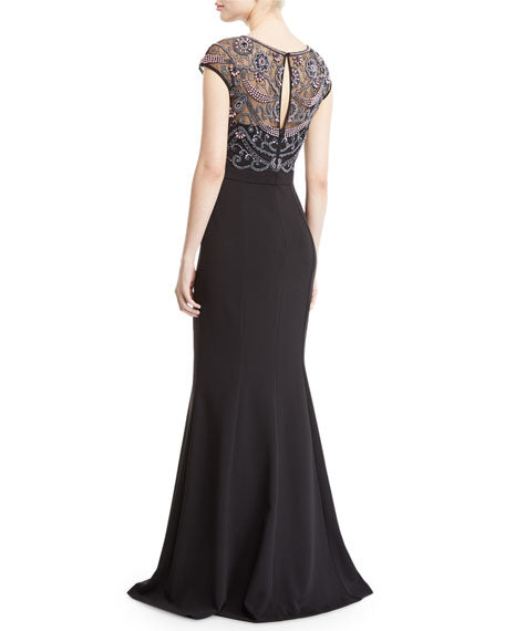 Aidan Mattox Black Cap Sleeve Pearly Beaded Bodice Gown - Elegant Evening Dress for Prom, Wedding & Special Occasions