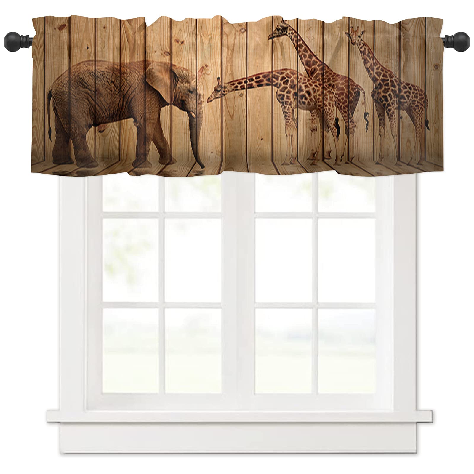 Giraffe & Elephant Eagle Retro Wooden Plank Window Valance - 54x18 Inch Rod Pocket Cafe Curtain for Kitchen, Bedroom, Living Room - Water Reflection Design for Cozy Home Decor & Farmhouse Style