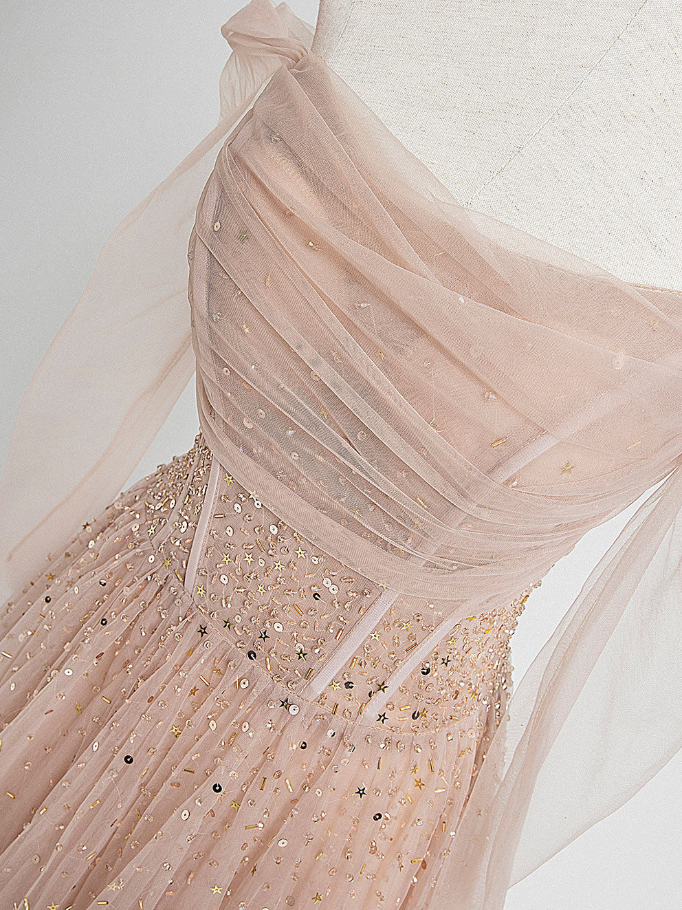 Elegant Champagne Pink Tulle Beaded Long Prom Dress for Evening Gala & Formal Events - Perfect for Homecoming, Wedding Guest, and Special Occasions