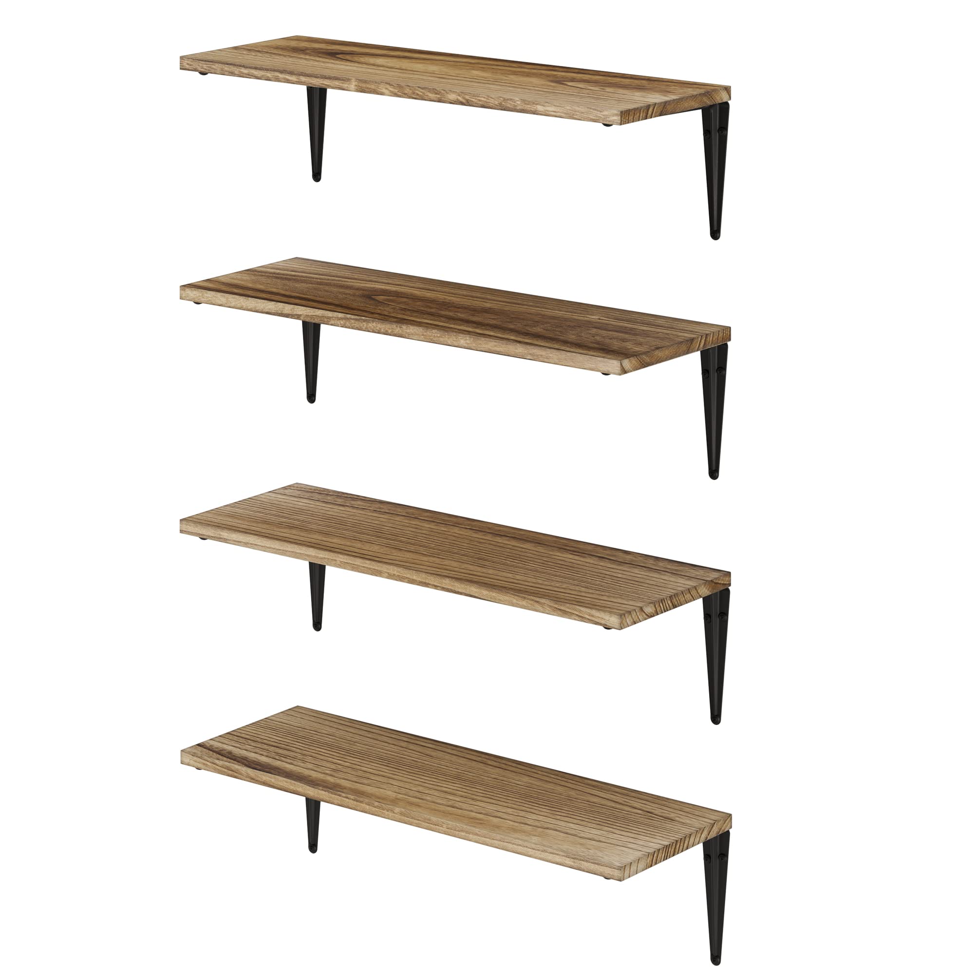 Wallniture Arras 24x8 Inch Floating Shelves Set of 4 - Rustic Burnt Finish Wall Mounted Shelves for Home Decor, Bookshelf for Living Room, Kitchen Storage & Bedroom Organization - Perfect for Displaying Books, Plants & Decorative Items