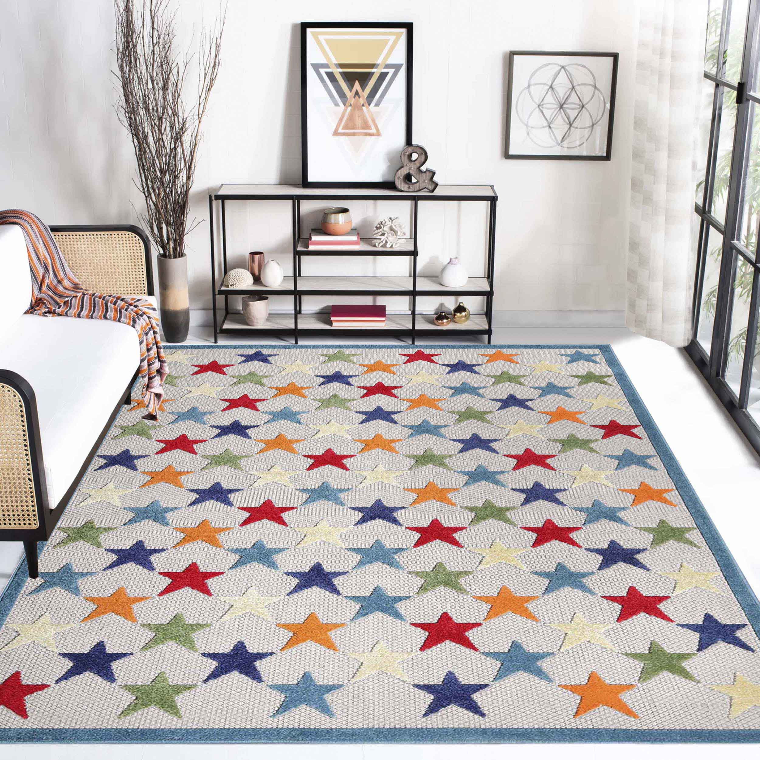 Juniper Modern Stars Non-Slip Area Rug - Soft Indoor Outdoor Carpet for Living Room, Bedroom, Nursery, Patio - Machine Washable Home Decor