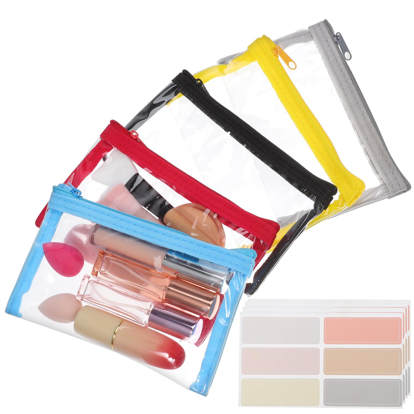 VALICLUD 5-Piece Clear Makeup Organizer Set - Transparent Cosmetic Bags, Toiletry Pouches & Pencil Cases with Label Stickers - Perfect for Travel, School, Office & Daily Essentials Storage