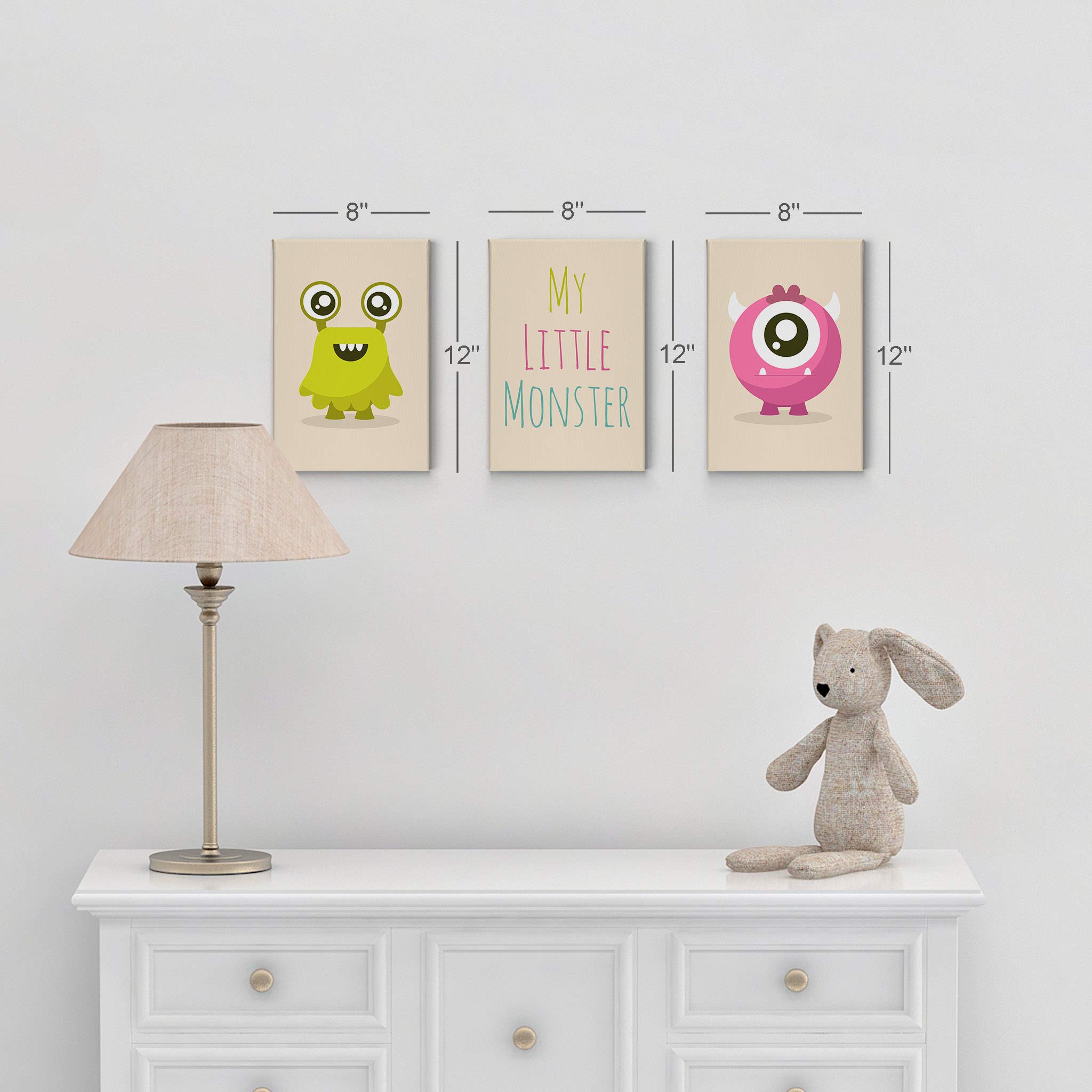 Smile Art Design Green and Pink My Little Monster Lettering Canvas Print Set - 3 Piece Kids Room Wall Art Decor for Baby Boy & Girl Nursery - Ready to Hang (22x15 Inches) - Made in USA | Perfect for Nursery, Playroom & Children's Bedroom Decor