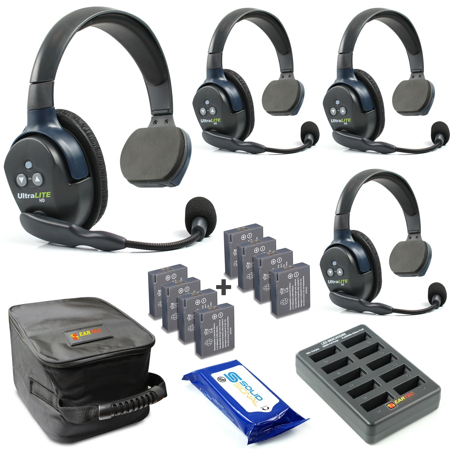 Eartec UL4S Ultralite Full Duplex Wireless Headset System for 4 Users - 4 Single Ear Headsets with Extra Batteries & Cleaning Wipes - Perfect for Construction, Event Staff, Security Teams & Outdoor Activities