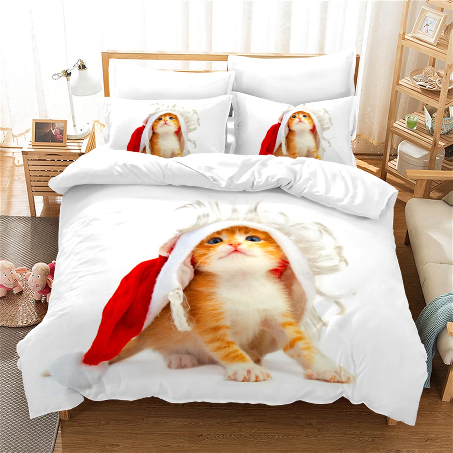 Cute 3D Printed Cat Duvet Cover Set - Twin/Full/Queen/King Size Bedding with Pillowcases - Soft Animal Print Quilt Cover for Kids & Teens - Perfect for Bedrooms, Dorm Rooms & Gift Giving (Queen Size, 4-Piece Set)