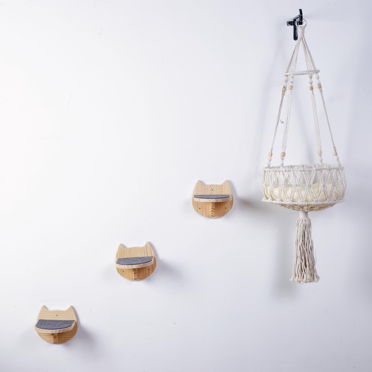 SHENGOCASE Macrame Boho Cat Hammock - 3-Step Wall Mounted Cat Bed with Hook for Indoor Cats | Cozy Hanging Cat Swing for Windows, Balconies & Small Spaces