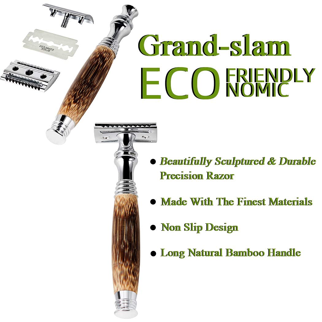 Grandslam Double Edge Safety Razor with 10 Blades - Handmade Natural Bamboo Handle Eco-Friendly Shaving Razor for Women & Men - Perfect for Travel, Home Use & Sustainable Grooming