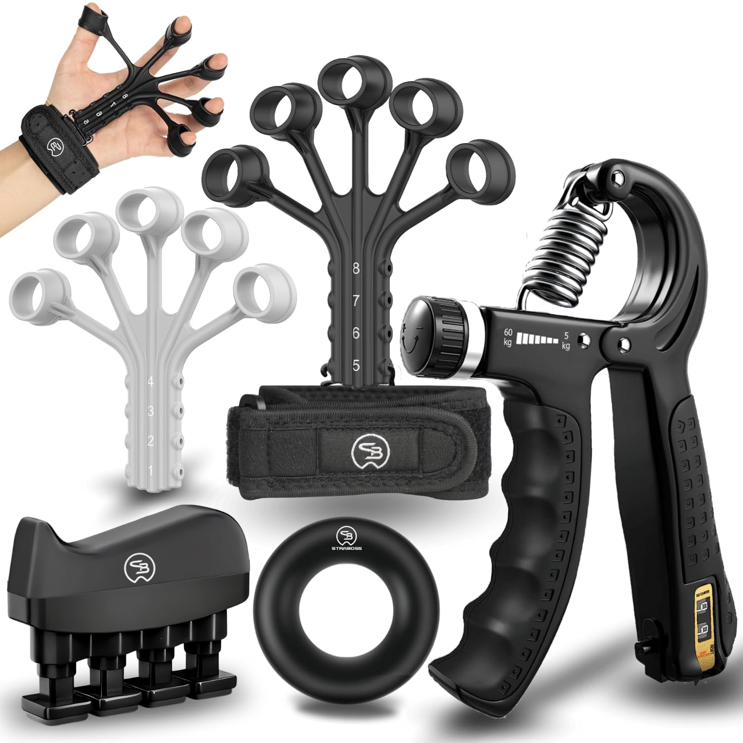 STRABOZZ Adjustable Hand Grip Strengthener Kit - Finger Trainer & Forearm Workout Equipment with Resistance Bands - Stress Relief & Strength Training for Adults - Perfect for Home Gym, Office, and Rehabilitation Exercises