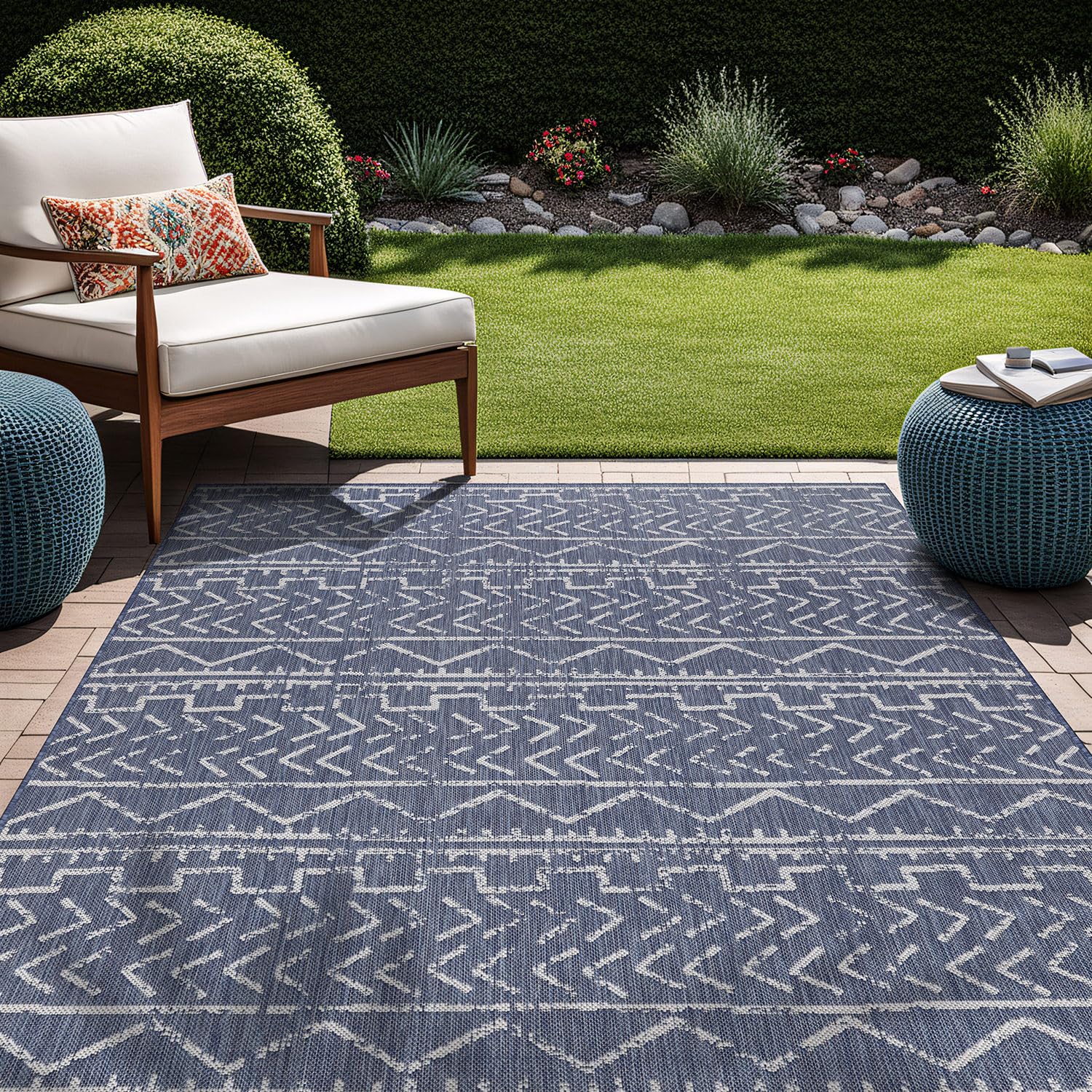 Beverly Rug Waikiki 6x9 Indoor Outdoor Washable Carpet - Water Resistant Blue & White Area Rug for Patio, Deck, Porch, Trellis | Perfect for Beach Houses, Poolside Lounging & Summer Entertaining