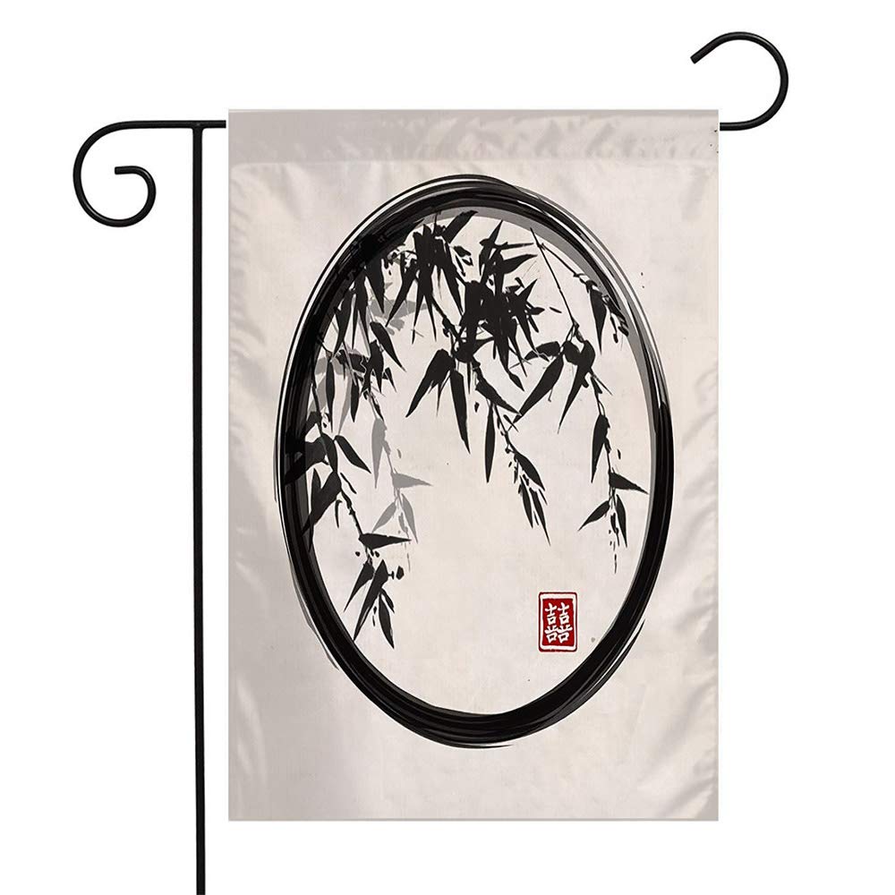 Bamboo Zen Garden Flag - Black Enso Circle with Tree Silhouette - 12x18 Inch Seasonal Outdoor Decor for Patio, Lawn & Home - Perfect Gift for Nature Lovers & Zen Garden Enthusiasts
