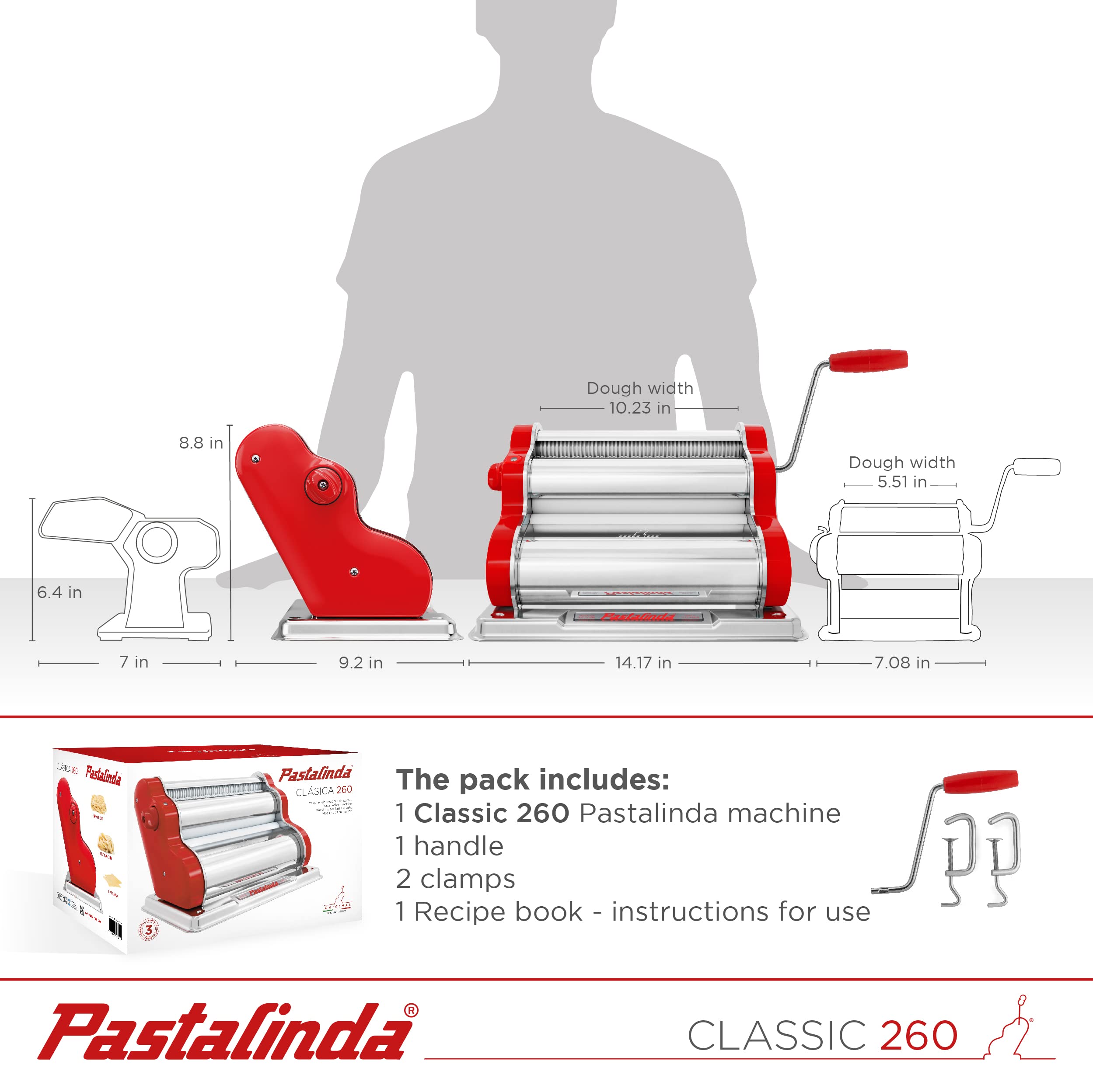 PASTALINDA Classic 260 Pasta Maker Machine - 26cm Wide Stainless Steel Rollers with 9 Thickness & 2 Cutting Positions - Includes Reinforced Hand Crank & 2 Clamps - Perfect for Homemade Pasta, Ravioli & Noodles - Ideal for Italian Cuisine & Family Cooking