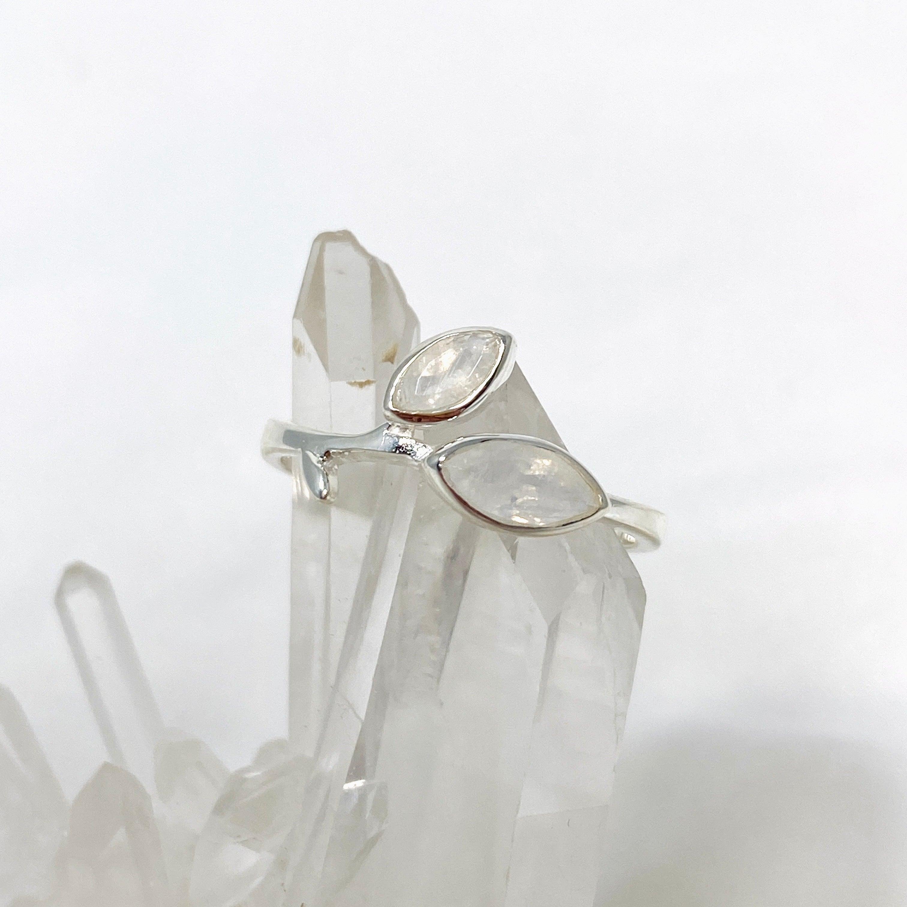 Moonstone Faceted Marquise Multistone Leaf Ring R3735 - Elegant Bohemian Jewelry for Women, Perfect for Weddings, Parties & Everyday Wear